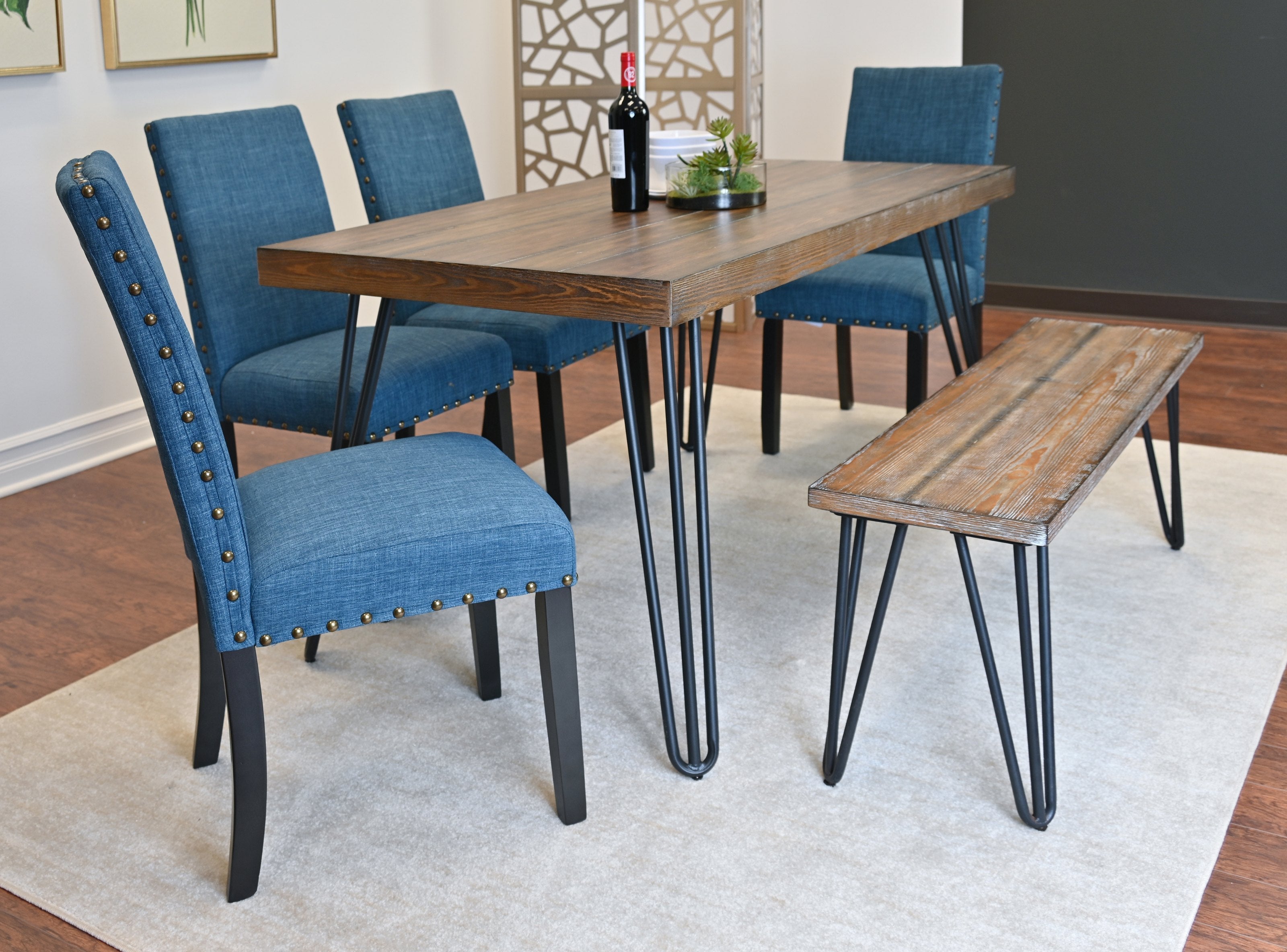 Roundhill Furniture Amisos 6-Piece Dining Set - Hairpin Leg Dining Table with 4 Chairs & Wooden Bench | Modern Kitchen & Dining Room Furniture for Small Spaces