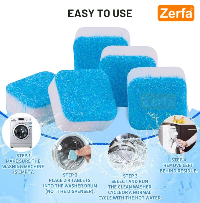Zerfa 24-Pack Washing Machine Deep Cleaner & Descaling Tablets - Effective Stain Remover for All Front & Top Load Washers - Perfect for Automatic Tub & Drum Cleaning - Ideal for Laundry Maintenance & Odor Removal