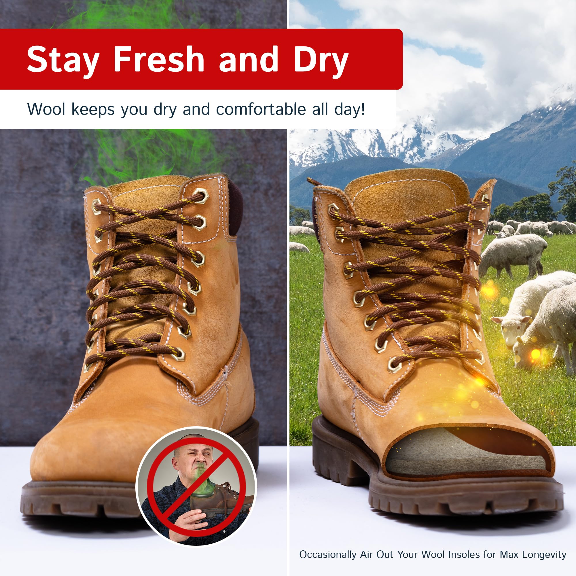Premium Wool Felt Insoles for Men & Women - 13mm Thick Cushioned Shoe Inserts - Breathable & Durable for Winter Boots, Work Shoes & Outdoor Activities - All-Day Comfort for Hiking, Office & Cold Weather Wear