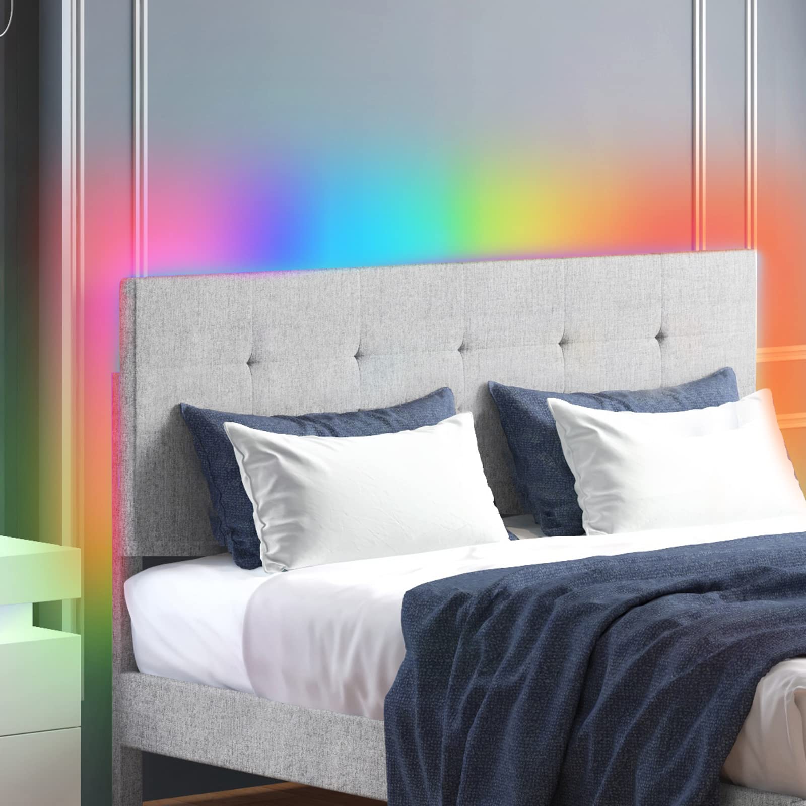 Full Size Bed Frame with Smart RGB LED Lights - Button Tufted Upholstered Platform Bed with Adjustable Headboard, Linen Fabric, No Box Spring Needed (Light Grey) - Perfect for Modern Bedrooms, Gaming Rooms & Teen Rooms