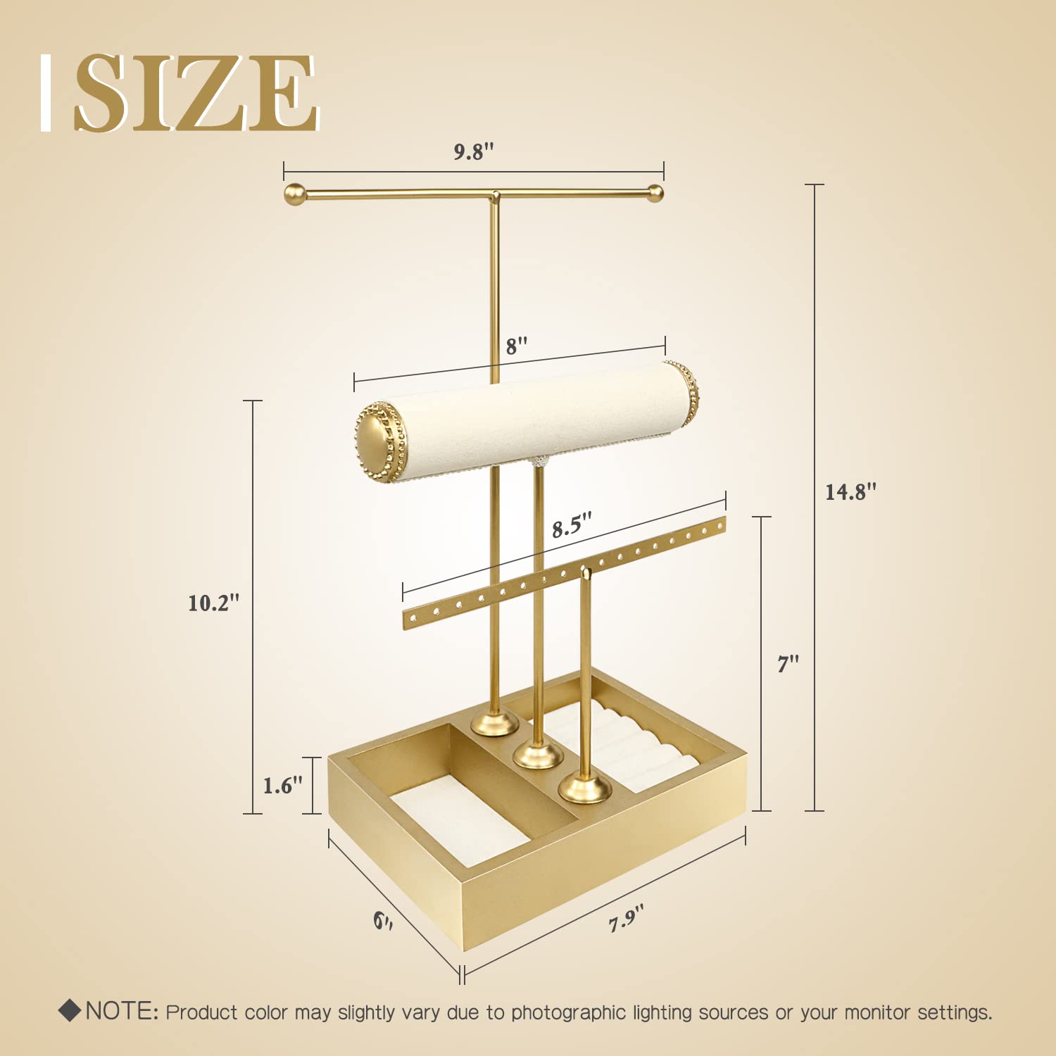 3-in-1 Jewelry Organizer Stand - Wood & Metal Jewelry Holder for Necklaces, Bracelets, Earrings & Rings | Jewelry Display Tree Tower in Gold Finish | Perfect for Bedroom, Bathroom & Travel Organization