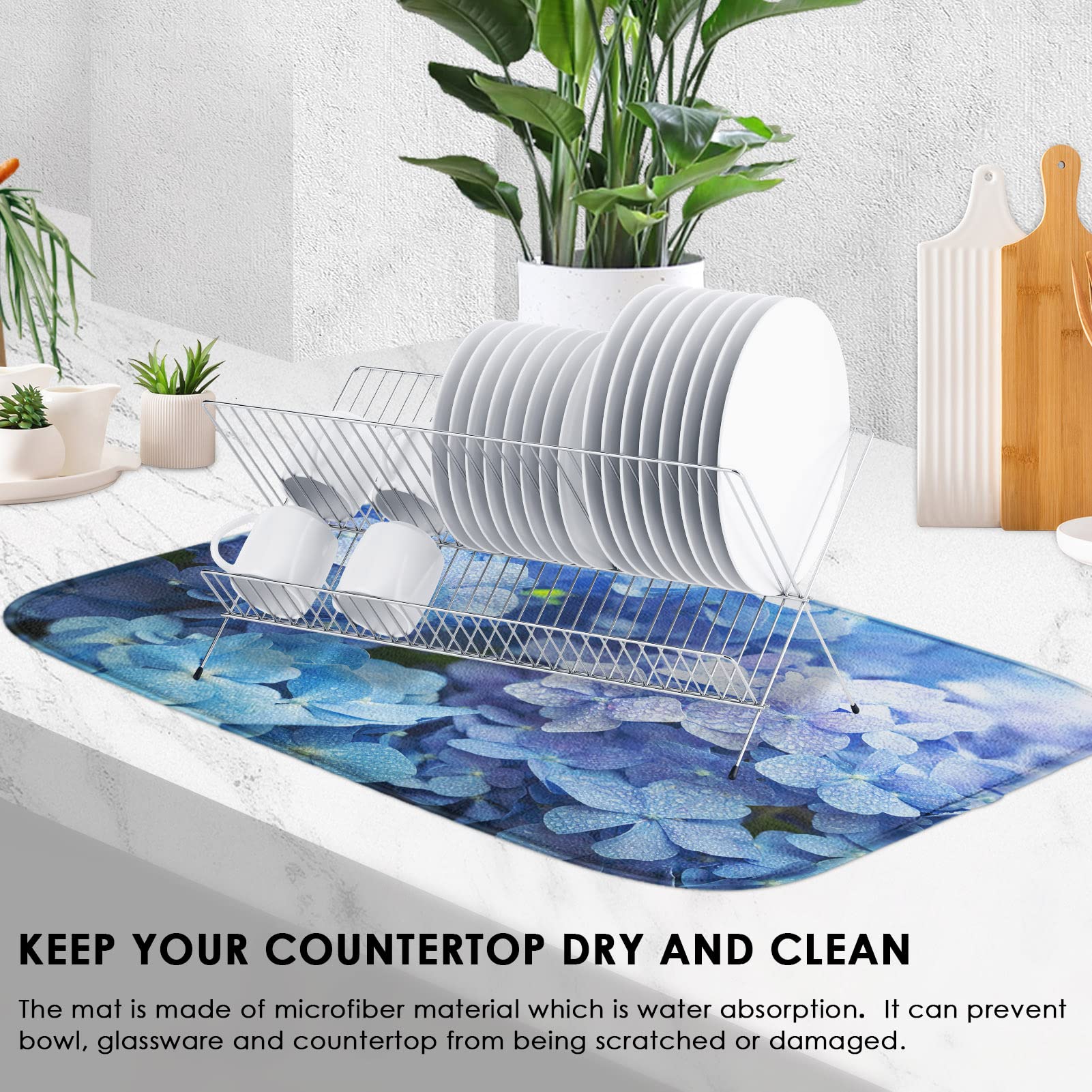 Sanwarm Absorbent Dish Drying Mat - Blue Purple Hydrangea Flower Microfiber Kitchen Counter Pad | Heat Resistant & Reversible (18