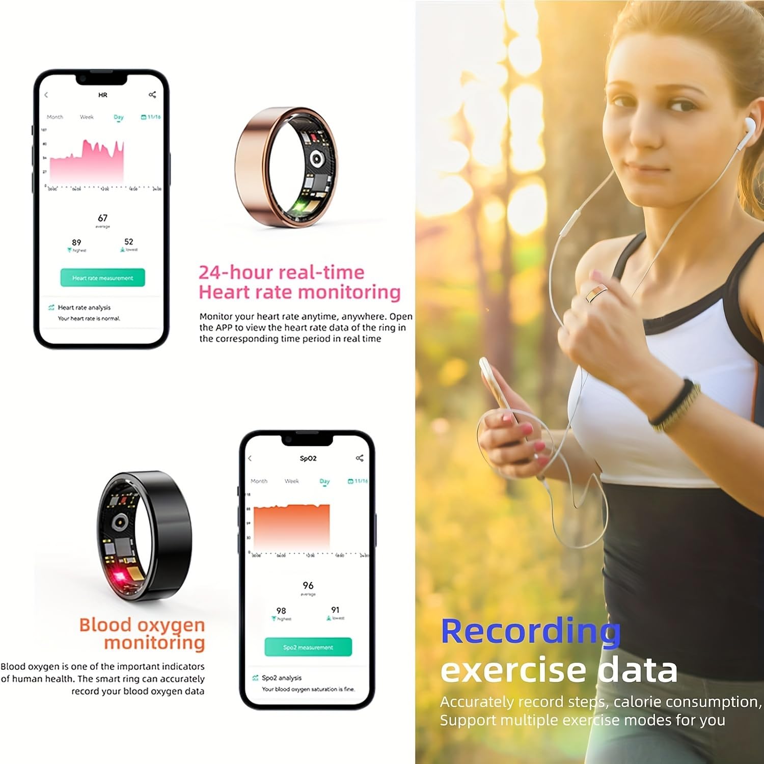 Smart Health Ring for Women & Men - Fitness Tracker with Blood Oxygen, Heart Rate, Blood Pressure & Sleep Monitoring | IP68 Waterproof | No Subscription Fee | Compatible with iPhone & Android (Black, Size 7) | Perfect for Workouts, Sleep Analysis & Daily Health Tracking