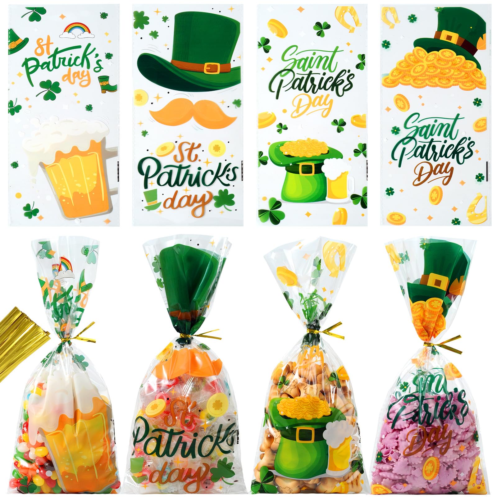 50 Pcs St. Patrick's Day Green Cellophane Treat Bags 5x10.5 Inches - Shamrock Printed Irish Party Favor Bags with Twist Ties for Candy, Cookies & Small Gifts - Perfect for St. Patrick's Day Celebrations, Classroom Treats & Holiday Party Favors