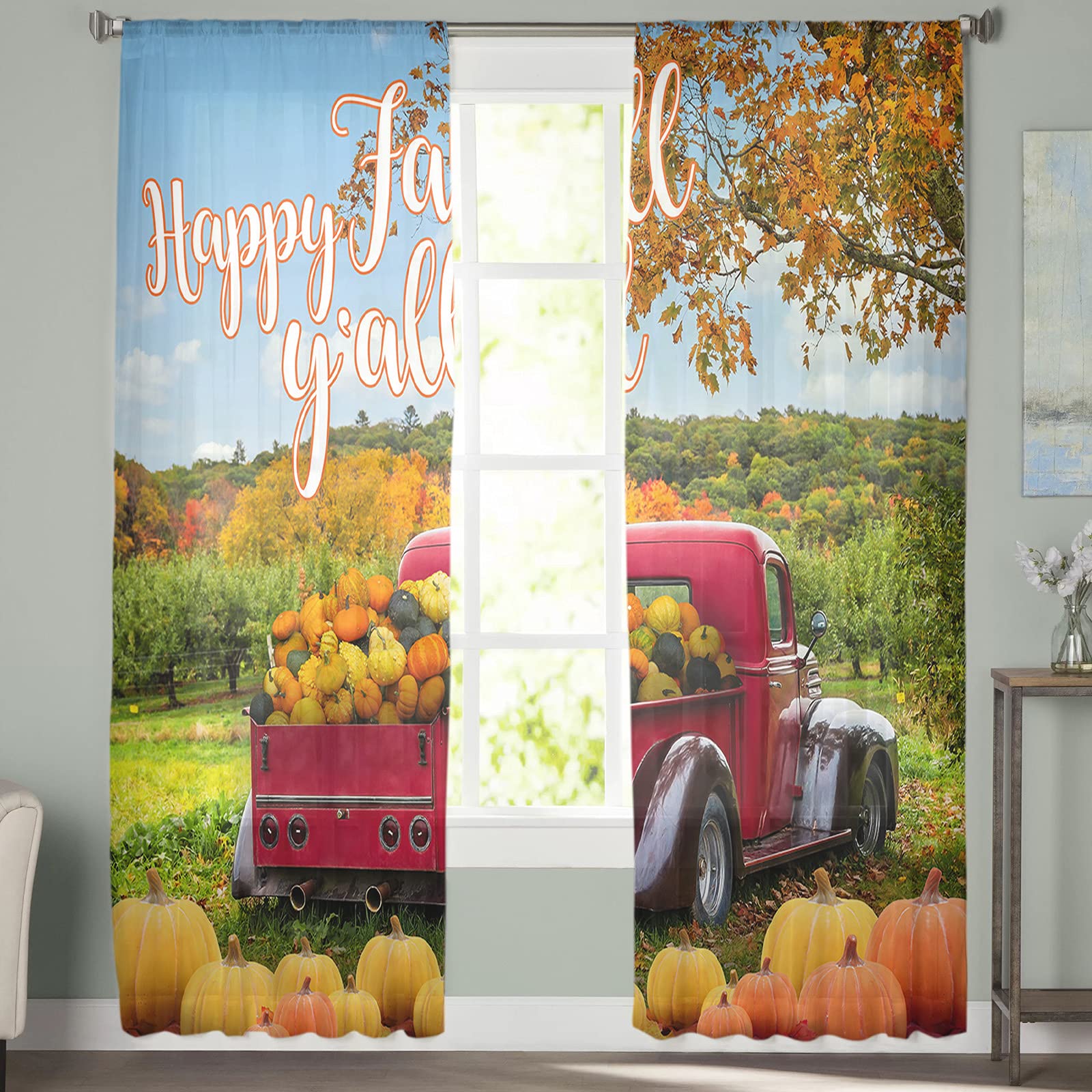 72 Inch Semi Sheer Curtains - Light Filtering Farmhouse Window Drapes with Rod Pocket for Living Room & Bedroom | Thanksgiving Fall Decor, Retro Truck Design | Perfect for Farmhouse, Rustic, and Seasonal Home Decor