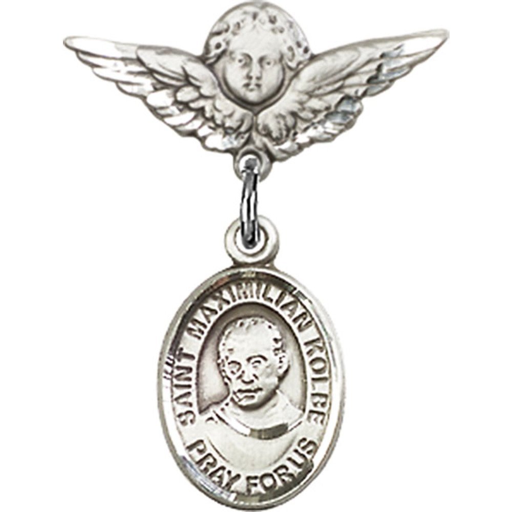 Sterling Silver Baby Badge with St. Maximilian Kolbe Charm & Angel Wing Pin - 7/8