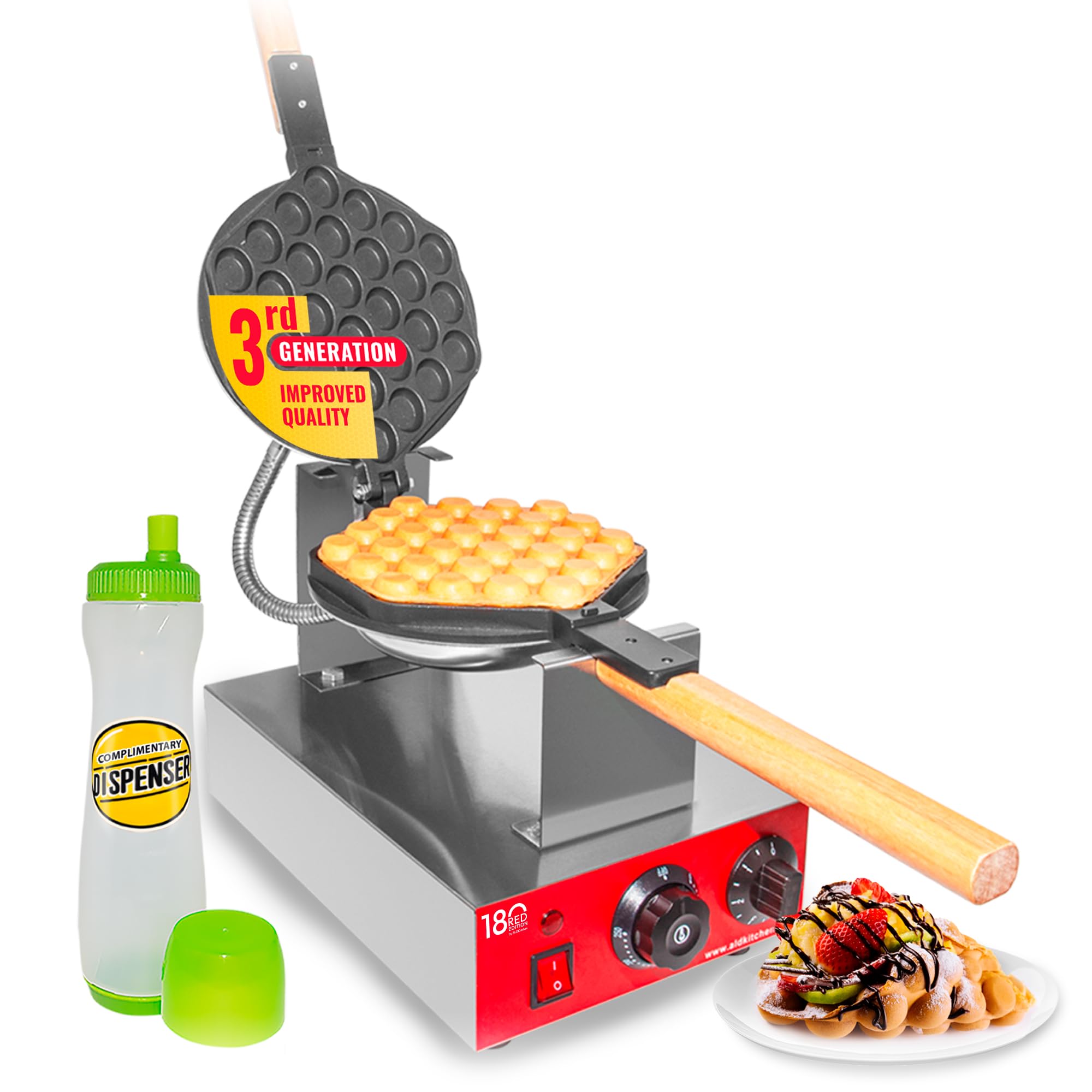 Professional Bubble Waffle Maker Machine - Large Hexagon Egg Waffle Iron with 360° Rotation & Nonstick Coating | 110V Single | Perfect for Home Breakfast, Dessert Shops & Bubble Tea Cafes
