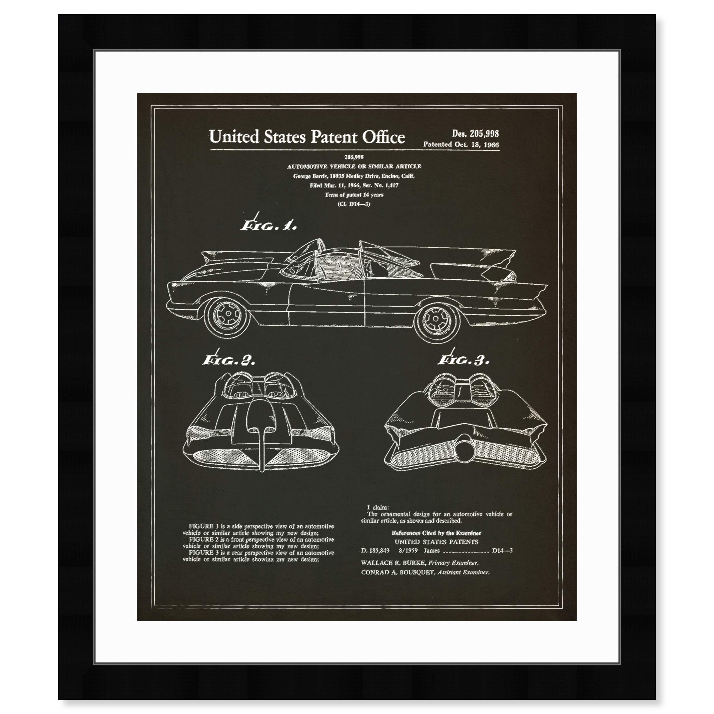 Vintage Batmobile Blueprint Wall Art Print - 1966 Batman Movie Framed Home Decor Poster 26x32 Inches - Black & White Retro Movie Poster for Living Room, Bedroom, Home Theater & Office Decor