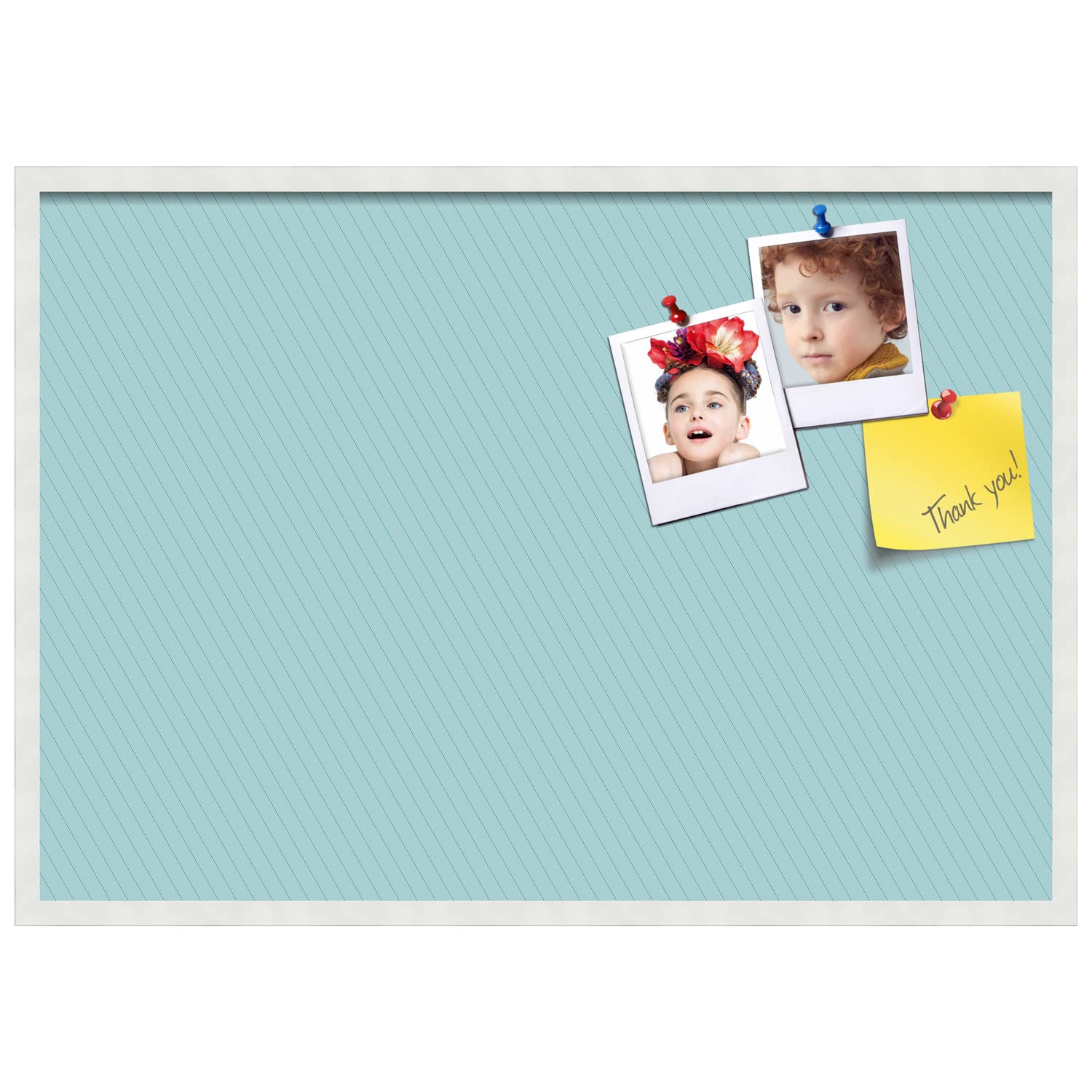 PinPix 40x28 Inch Cork Bulletin Board - Decorative Framed Pin Board with Lux Stripes Aqua Design & Satin White Frame - Perfect for Home Office Decor, School Classroom, Dorm Room Organization & Wall Memo Display