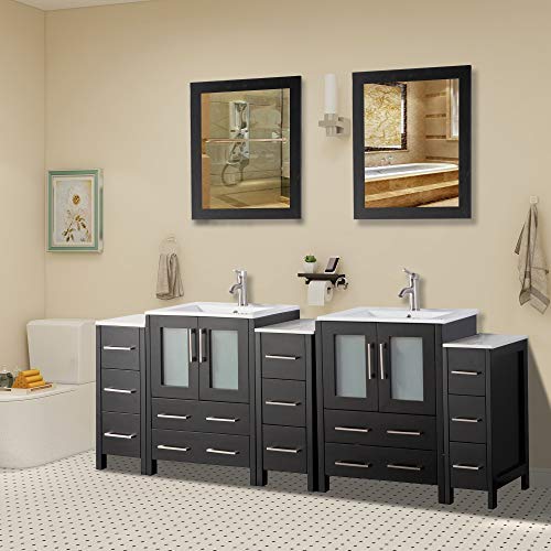 Vanity Art 84 Inch Double Sink Bathroom Vanity Set with Ceramic Top & 2 Mirrors - 13 Dovetail Drawers, Brushed Nickel Handles - Perfect for Modern Bathrooms, Master Baths & Small Space Solutions (VA3024-84-E)