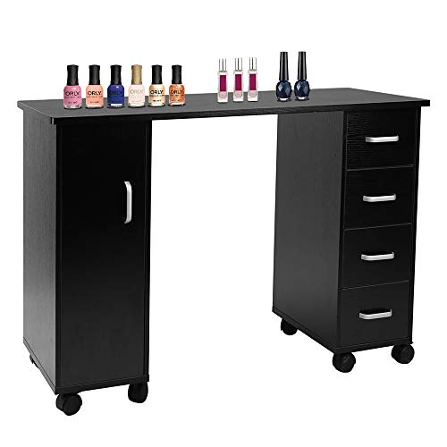 Goujxcy Professional Rolling Manicure Table Nail Salon Desk with 4 Drawers & Large Storage Cabinet - Mobile Beauty Station for Nail Technicians | Perfect for Salon, Spa & Home Use (Black)