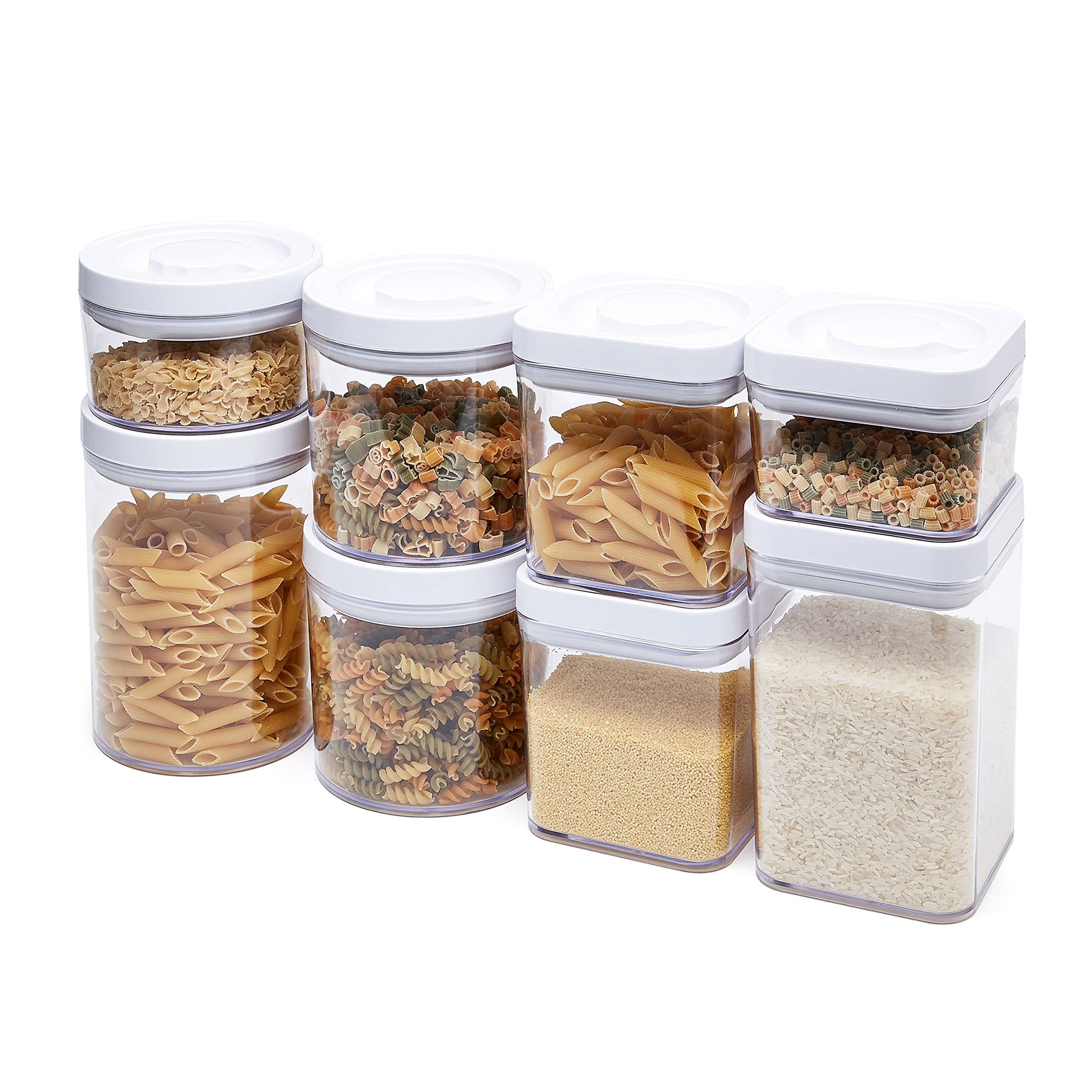 Amazon Basics 8-Piece Airtight Food Storage Containers Set - BPA-Free Plastic Round & Square Containers for Kitchen, Pantry Organization | Perfect for Meal Prep, Leftovers & Dry Food Storage
