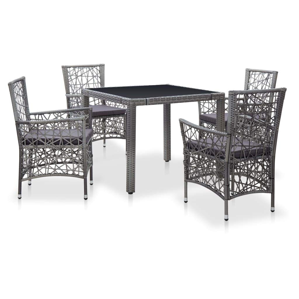 5-Piece Outdoor Dining Set with Large Glass Table & Poly Rattan Chairs - Patio Furniture with Armrests & Cushions for Backyard, Garden, Poolside Dining & Entertaining