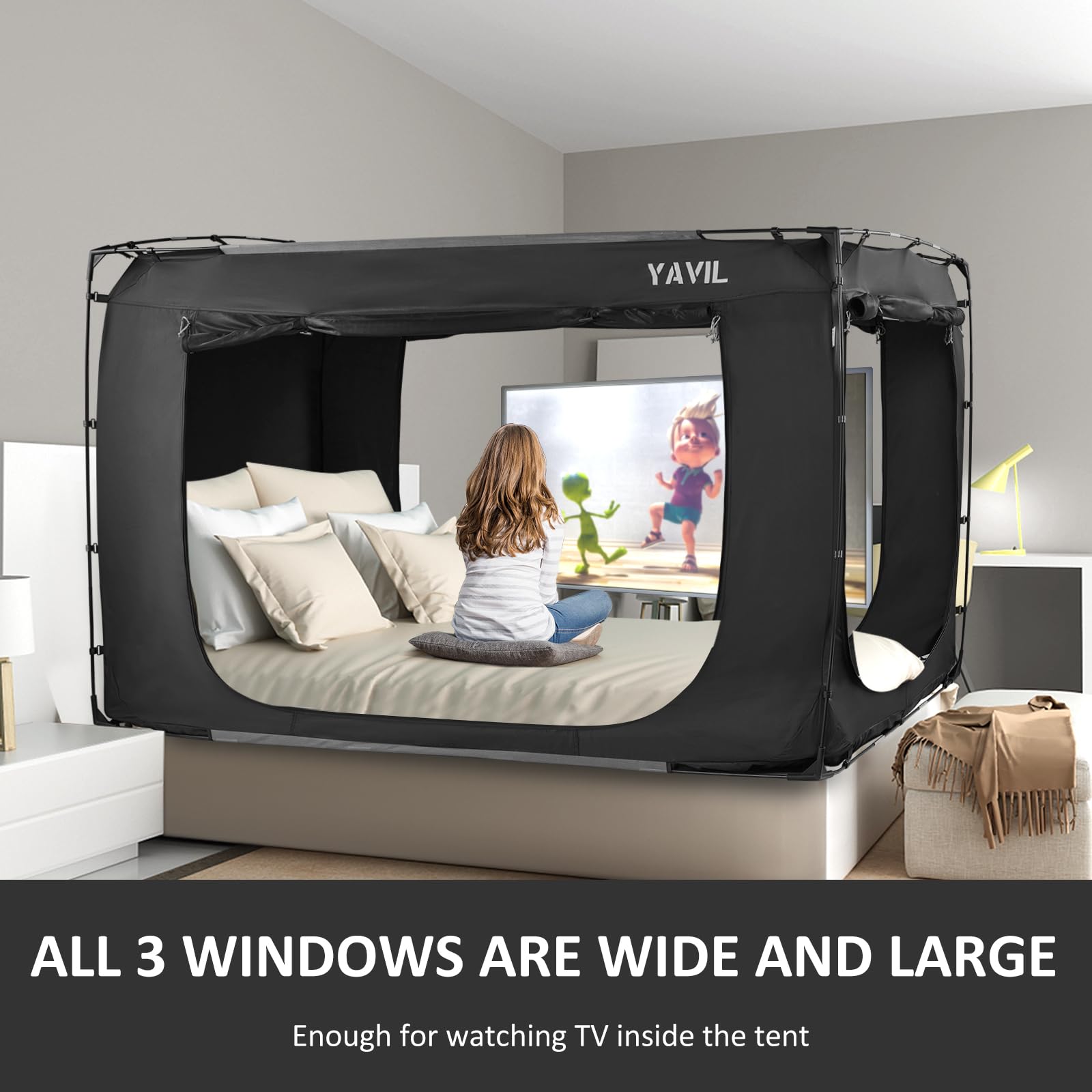 Portable Bed Tent Canopy for Twin Size Beds - Blackout 93% & Breathable Privacy Sleeping Tent for Kids & Adults with 3 Doors (Mattress Not Included) - Perfect for Camping, Sleepovers, Privacy & Relaxation at Home