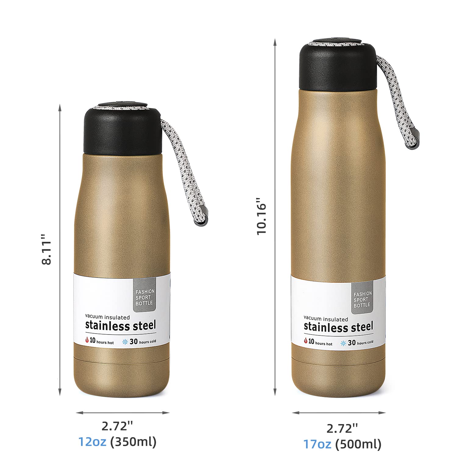 Dusgut 12 oz Insulated Stainless Steel Water Bottle with Wide Mouth & Portable Lid - Gold | Perfect for Gym, Hiking, Travel & Everyday Hydration