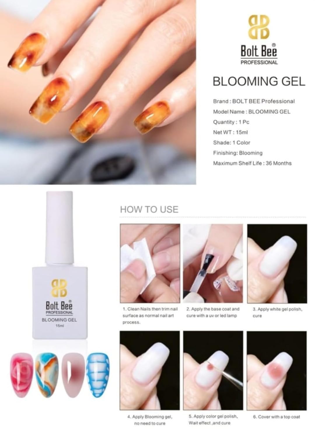 Bolt Bee Blooming Gel 15ml - UV LED Soak Off Nail Polish for Marble & Watercolor Nail Art - DIY Flower Design Gel Paint for Professional Salon & Home Manicure - Perfect for Nail Art Enthusiasts & Beauty Lovers