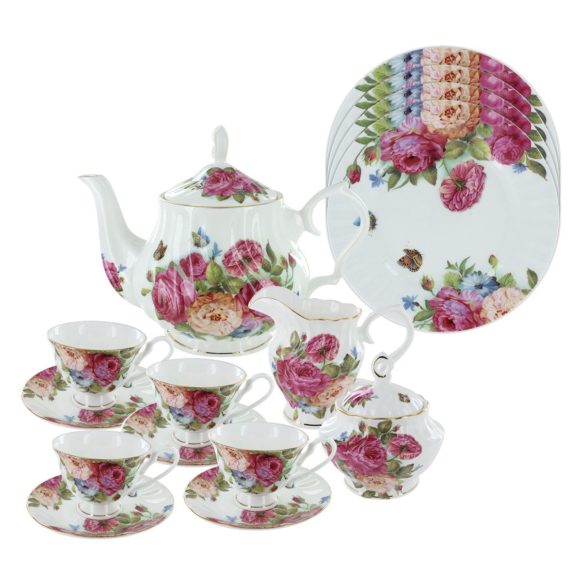 Premium Sandras Rose Bone China Tea Set with 4 Dessert Plates - Elegant Floral Porcelain Tea Cups, Saucers & Serving Tray for Afternoon Tea, Bridal Shower & Special Occasions
