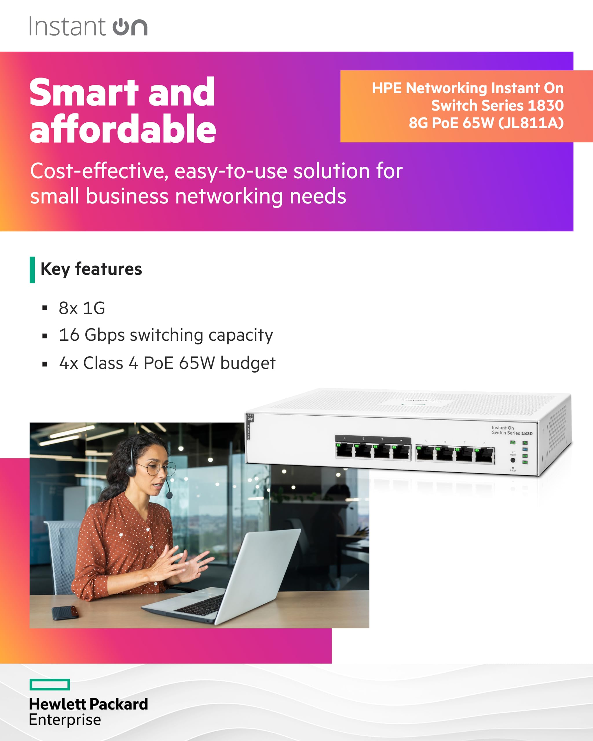 HPE Networking Instant On 1830 8-Port Gigabit Smart Managed Layer 2 PoE Switch | 8x 1G Ports | 4x PoE+ (65W) | Fanless Design | UK Power Cord (JL811A#ACC) | Ideal for Small Business Networks & Smart Office Setup