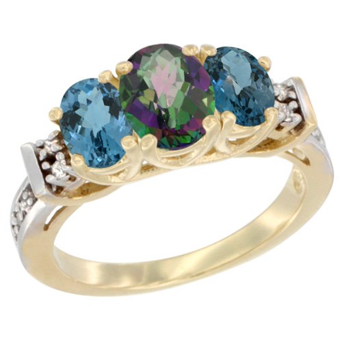 14K Yellow Gold Natural Mystic Topaz & London Blue Topaz Ring with 3-Stone Oval Diamond Accents - Elegant Wedding, Engagement & Anniversary Jewelry Gift for Women