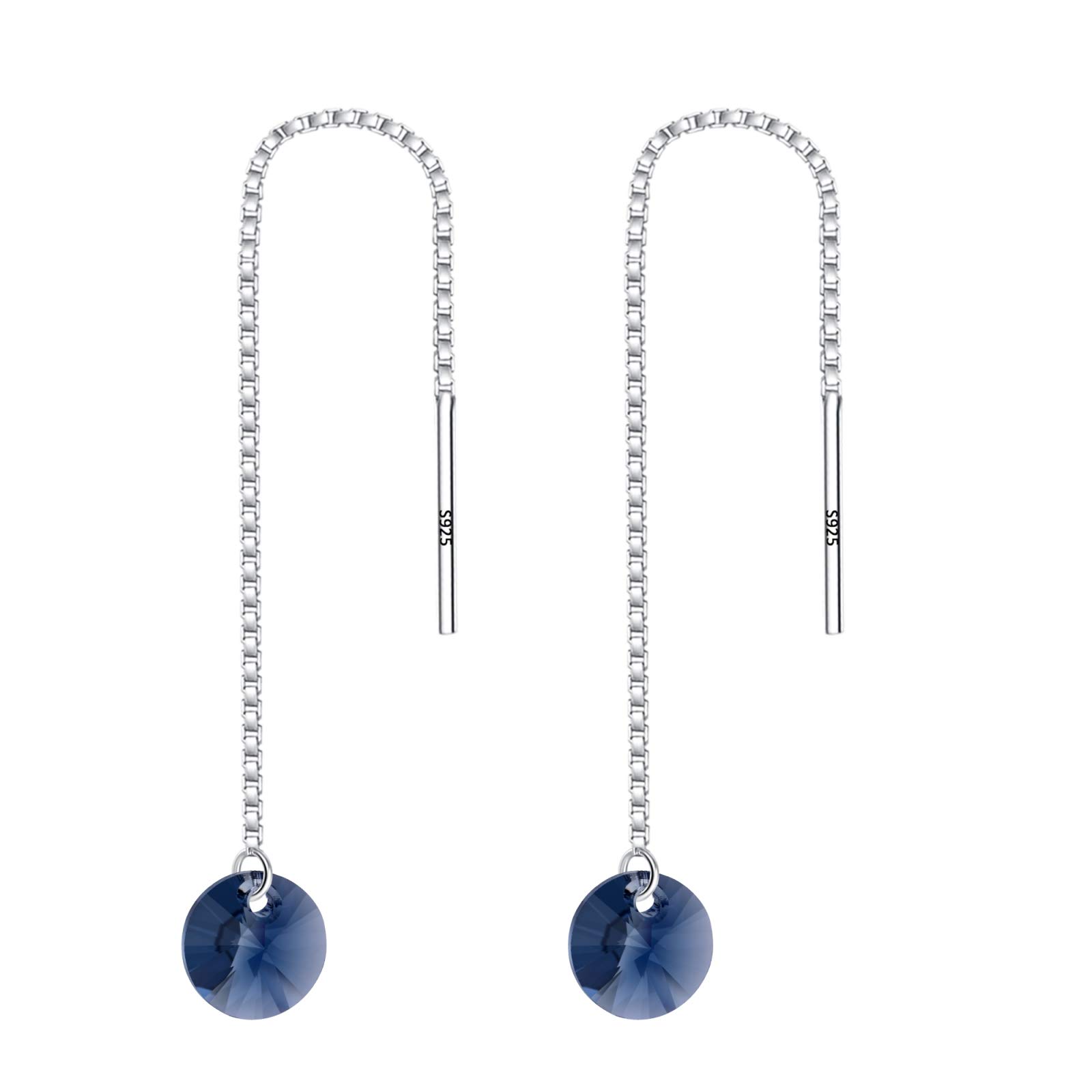 925 Sterling Silver Round Austrian Crystal Threader Dangle Earrings for Women - Elegant Simple Earrings for Party, Wedding & Everyday Wear
