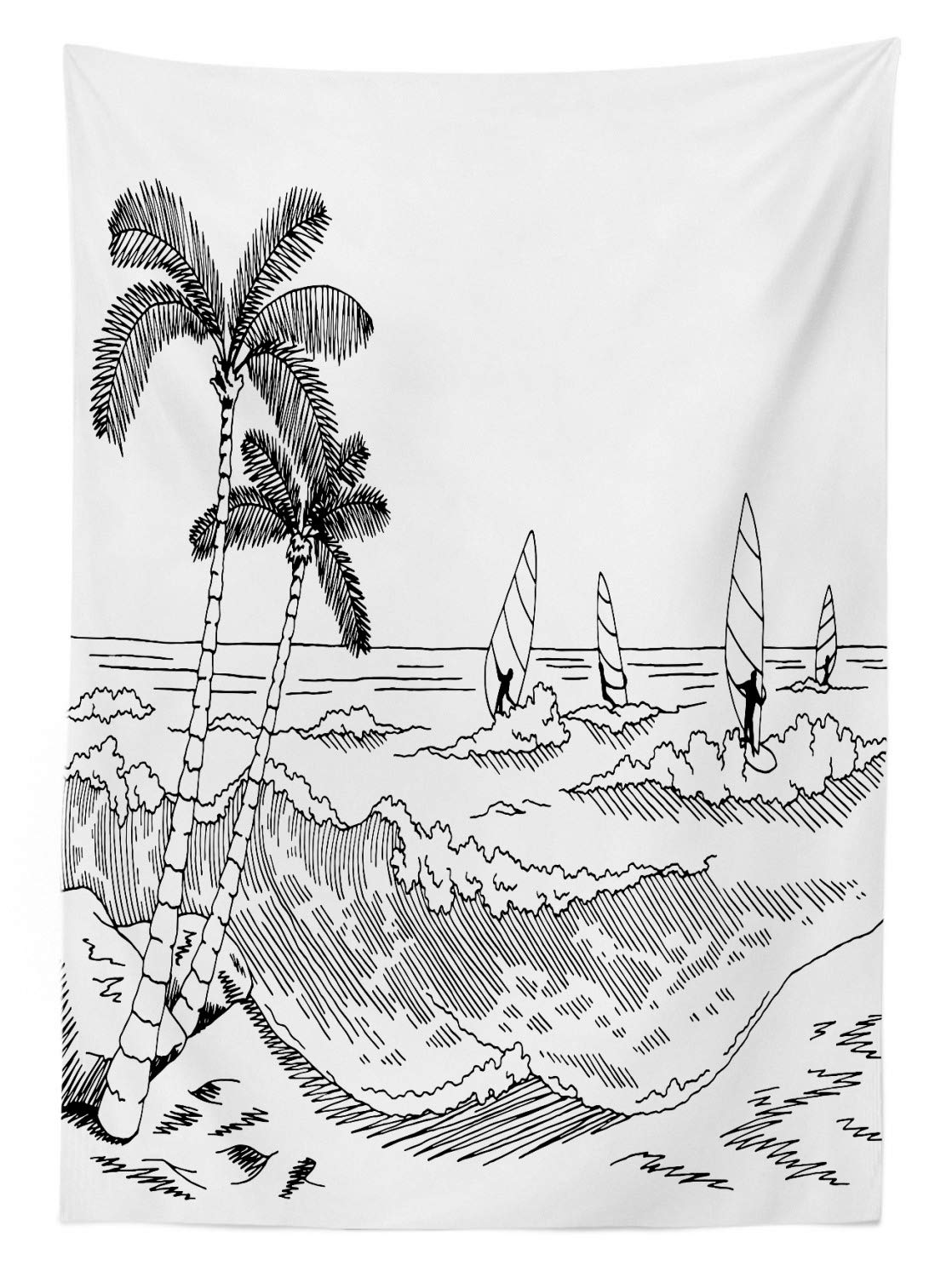 Lunarable Extreme Sports Outdoor Tablecloth - Monochrome Wind Surfing Design with Tropical Palm Trees & Ocean Sketch - Washable Picnic Table Cover 58x84 Inches Black & White - Perfect for Beach Parties, BBQs & Outdoor Dining