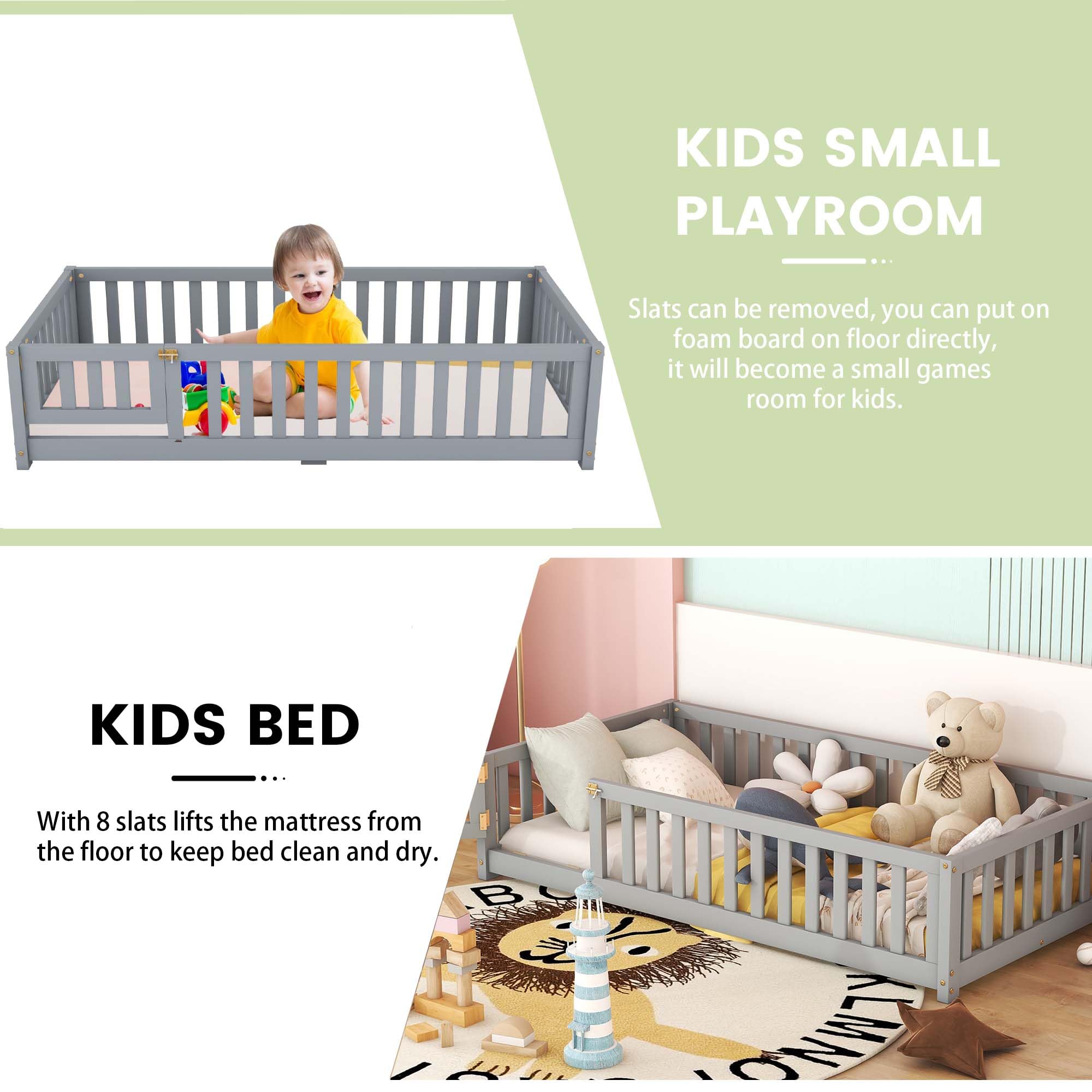SOFTSEA Twin Size Floor Bed Frame with Safety Guardrails & Door for Kids - Solid Wood Toddler Bed with Fence - No Box Spring Needed - Easy Assembly - Gray - Perfect for Playrooms, Daycare Centers & Montessori Bedrooms