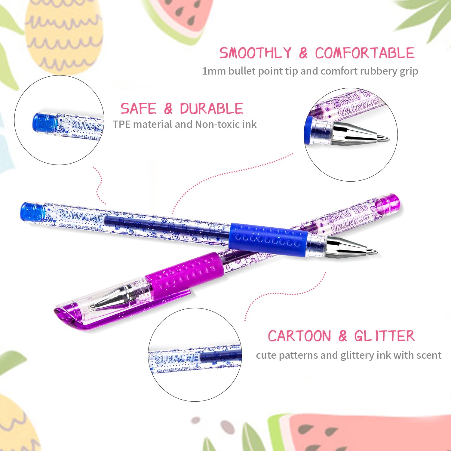 Fruity Scented Gel Pens with Glitter - 24 Pack Colorful Sweet-Smelling Pens for Coloring, Journaling, Drawing & Note Taking | Perfect School Supplies & Gift Idea for Students, Artists & Office Use
