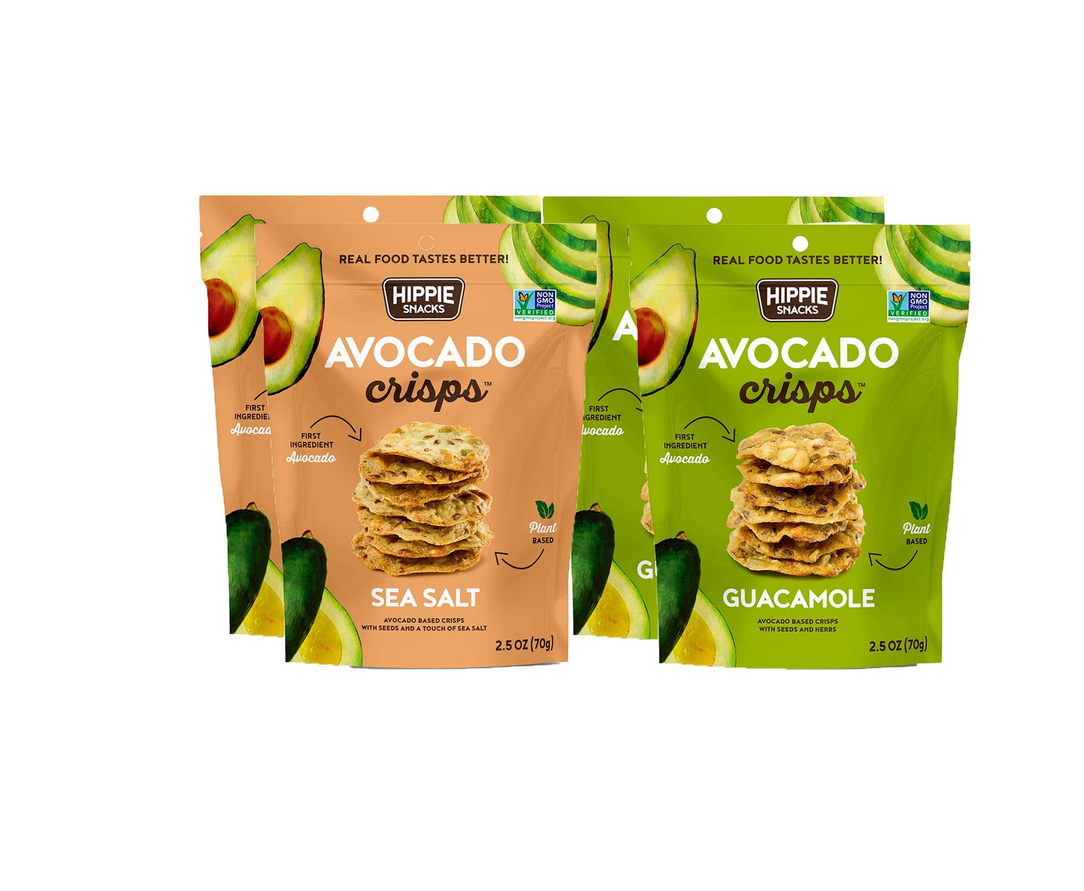 Hippie Snacks Avocado Crisps Variety Pack - Plant-Based, High Protein, Gluten Free Healthy Snacks - 2 Sea Salt & 2 Guacamole Flavors - Perfect for Charcuterie Boards, Vegan Parties & On-the-Go Snacking