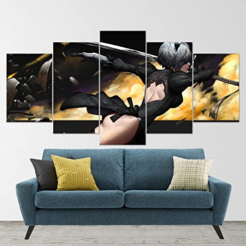 Nier Automata 2B Handmade 5-Piece Canvas Wall Art Set - Extra Large Anime Poster for Living Room Decor - Video Game Inspired Canvas Artwork - Perfect Gift for Gamers (X-Large) - Ideal for Gaming Rooms, Anime Themed Spaces & Home Theater Decor