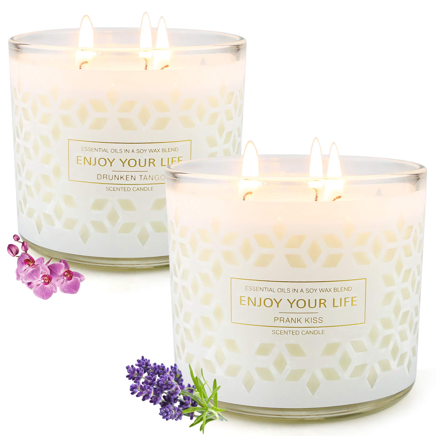 Large 3-Wick Scented Soy Wax Jar Candles - Lavender & Mokara (14.5oz, 75-Hour Burn Time, 2-Pack) | Home Fragrance, Relaxation Gifts for Women, Aromatherapy & Romantic Ambiance