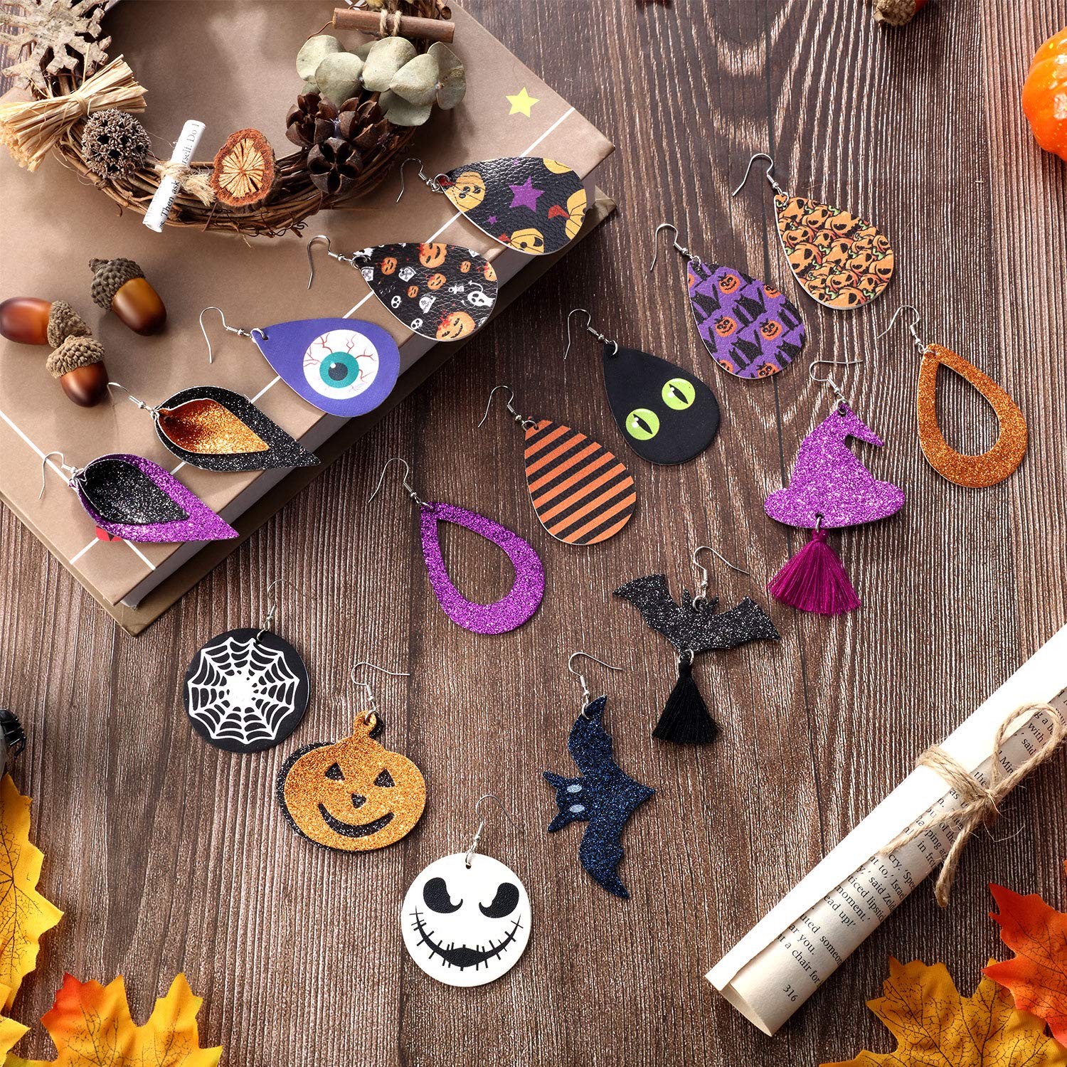 16 Pairs Halloween Faux Leather Earrings for Women - Layered Leather Dangle Teardrop Leaf Drop Earrings | Costume Jewelry for Halloween Parties, Cosplay & Festive Outfits
