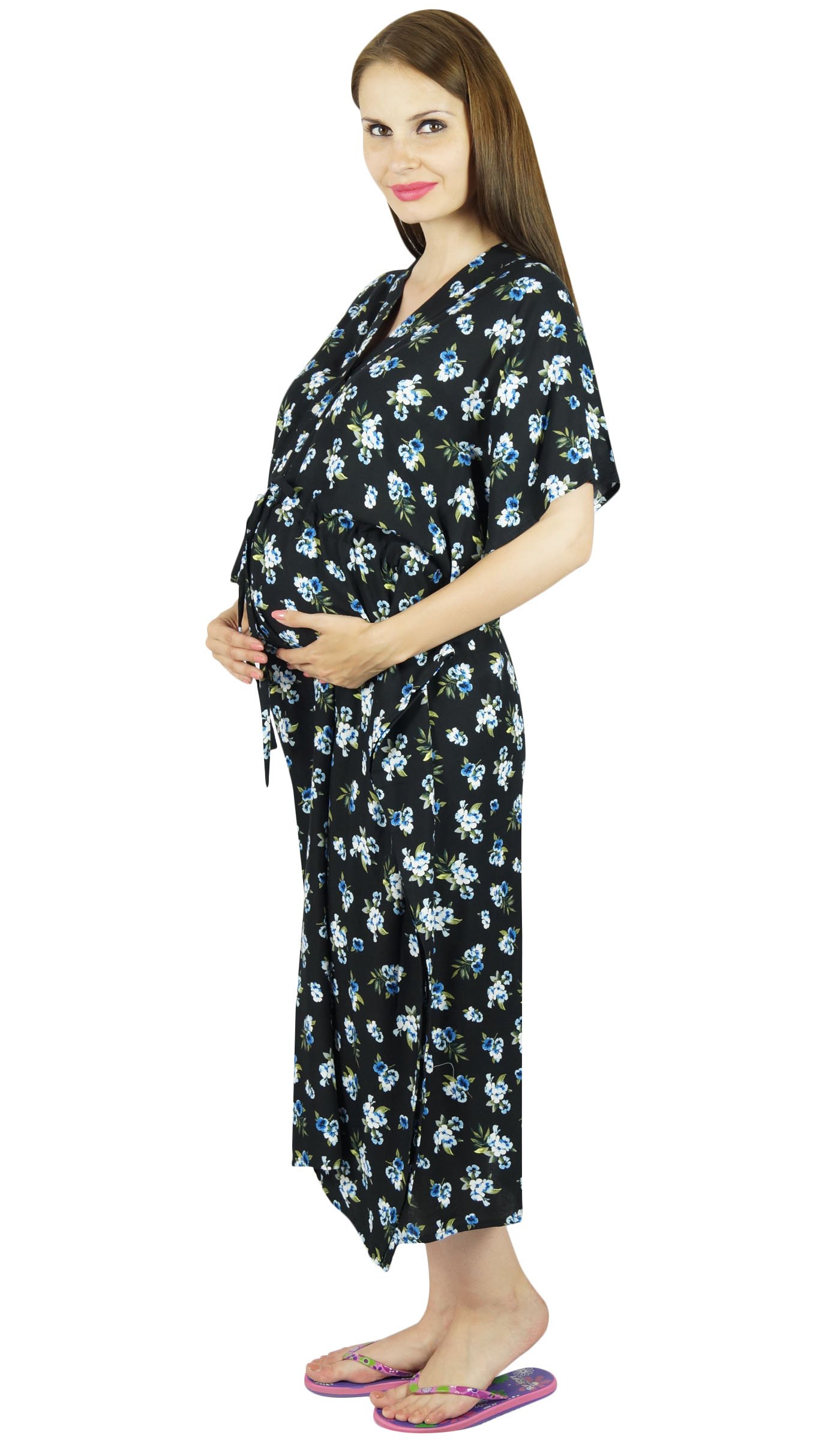 Bimba Maternity Floral Kaftan Nursing Nightgown with Front Buttons - Comfortable Breastfeeding Dress for Pregnancy & Postpartum, Perfect for Hospital, Home & Nursing