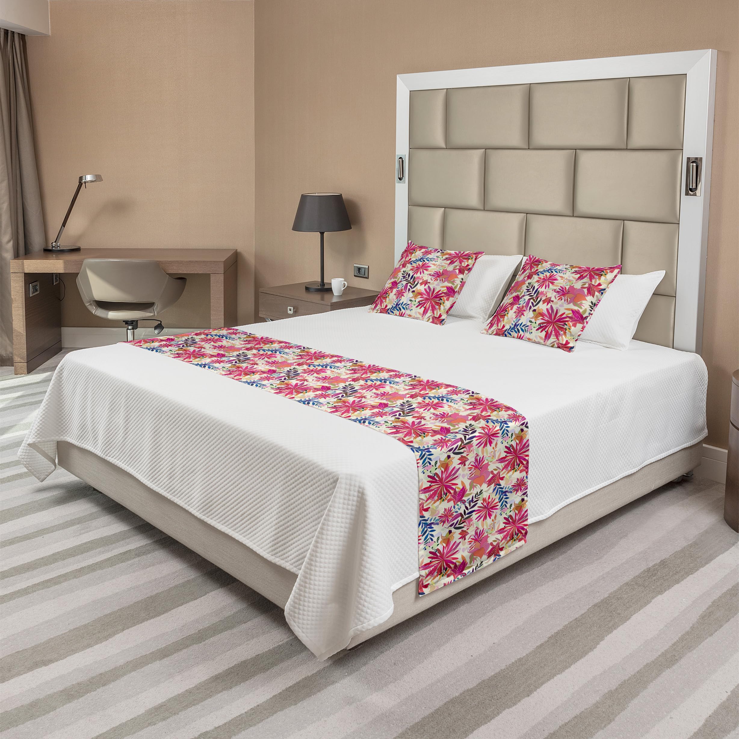 Ambesonne Floral Bed Runner Set with Pointed Petals & Tropical Leaves Pattern - Decorative Bedding Scarf & 2 Pillow Shams for Hotels & Homes (Salmon/Multicolor) - Perfect for Master Bedrooms, Guest Rooms & Luxury Hotel Decor