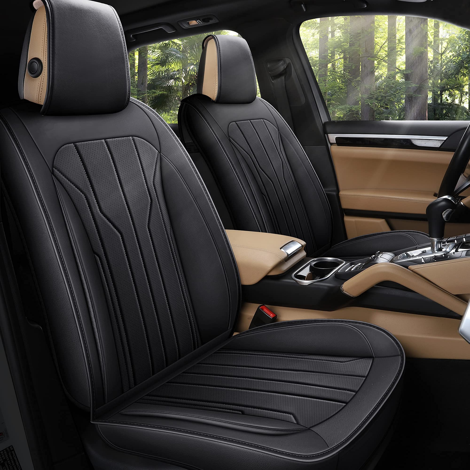 Premium AOOG Leather Car Seat Covers - Universal Fit Leatherette Automotive Seat Protectors for Cars, SUVs & Trucks | Non-Slip Vehicle Interior Accessories (Full Set, Black) | Perfect for Daily Commute, Road Trips & Family Travel