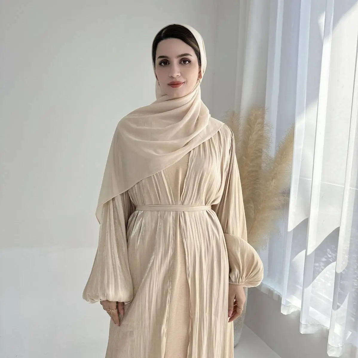 Elegant Muslim Dubai Puff Sleeve Open Abaya Dress with Matching Hijab Scarf - Perfect for Prayer, Special Occasions & Modest Fashion