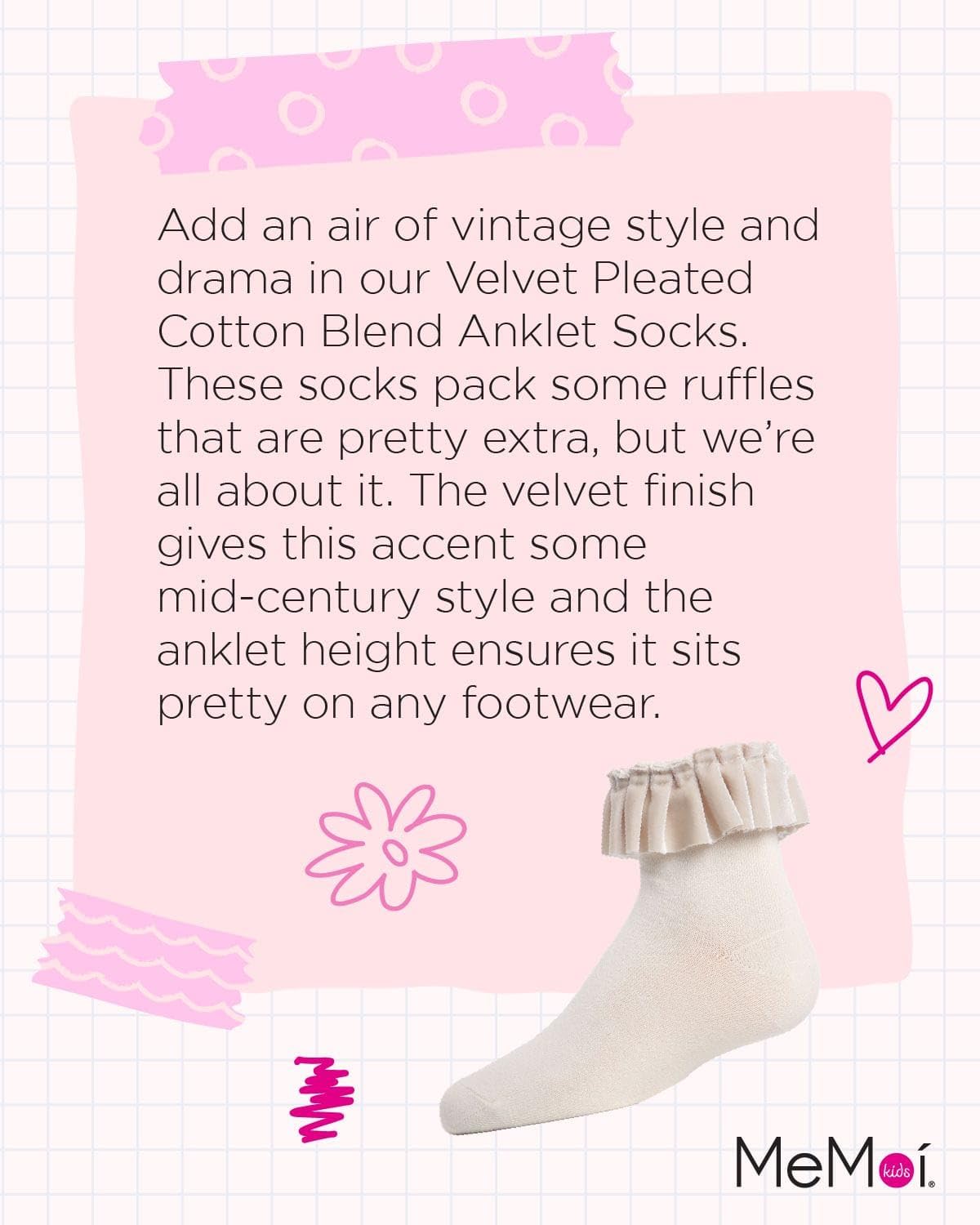 MeMoi Velvet Pleated Ankle Socks for Girls - Soft Cotton Blend Cute Ruffled Socks - Perfect for School, Parties & Everyday Wear