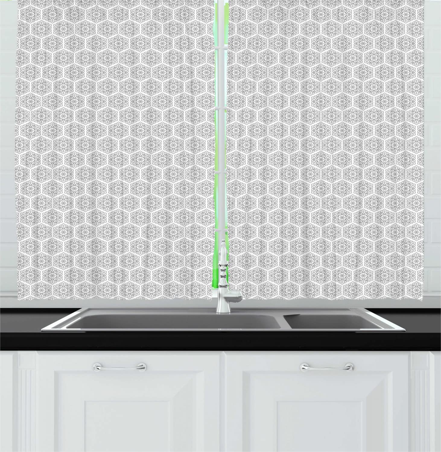 Ambesonne Floral Long Kitchen Curtains - Greyscale Rhythmic Ornament Pattern with Rod Pocket, 55x45 Inch, White & Pale Grey - Perfect for Farmhouse, Cottage & Modern Kitchen Window Decor