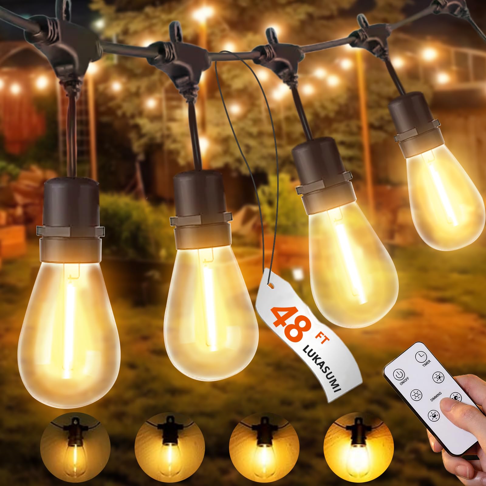 48Ft LED Outdoor String Lights with Dimmer - 15+1 Edison Bulbs, Waterproof Patio Lights with 4 Brightness Modes & Remote Control - Perfect for Porch, Backyard, Bistro, Garden Party and Wedding Decorations