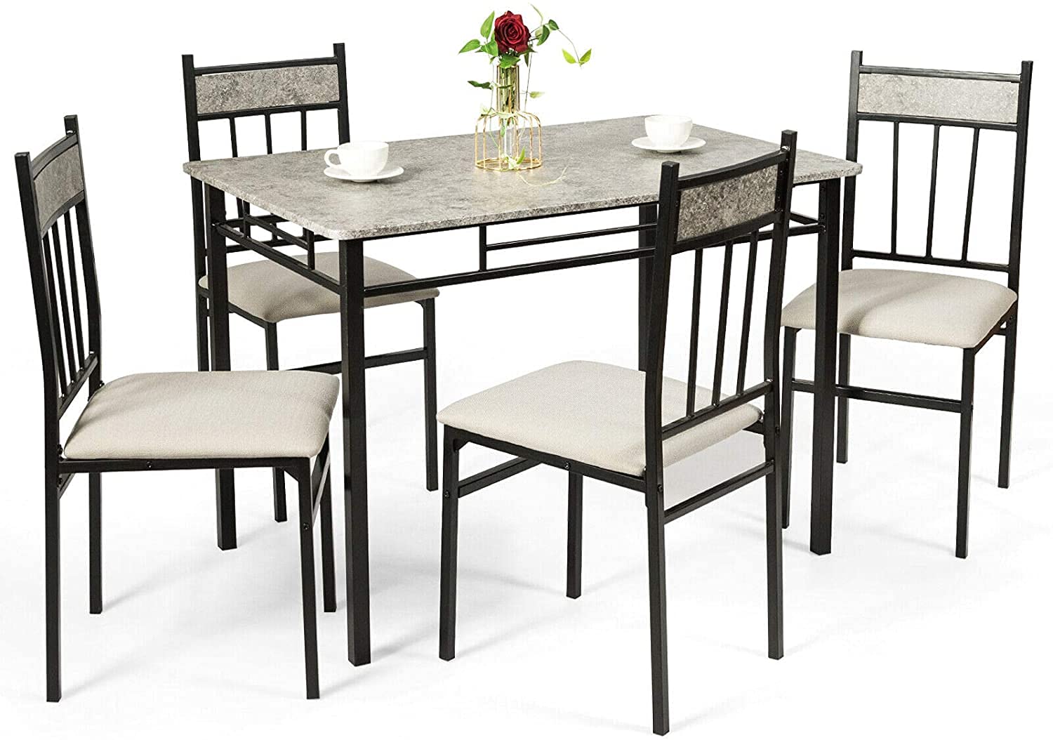 Tangkula 5-Piece Modern Dining Table Set with 1 Rectangular Table & 4 High-Back Chairs - Metal Frame, Padded Seat & Faux Marble Table Top in Grey - Perfect for Small Kitchens, Breakfast Nooks & Apartment Dining Areas