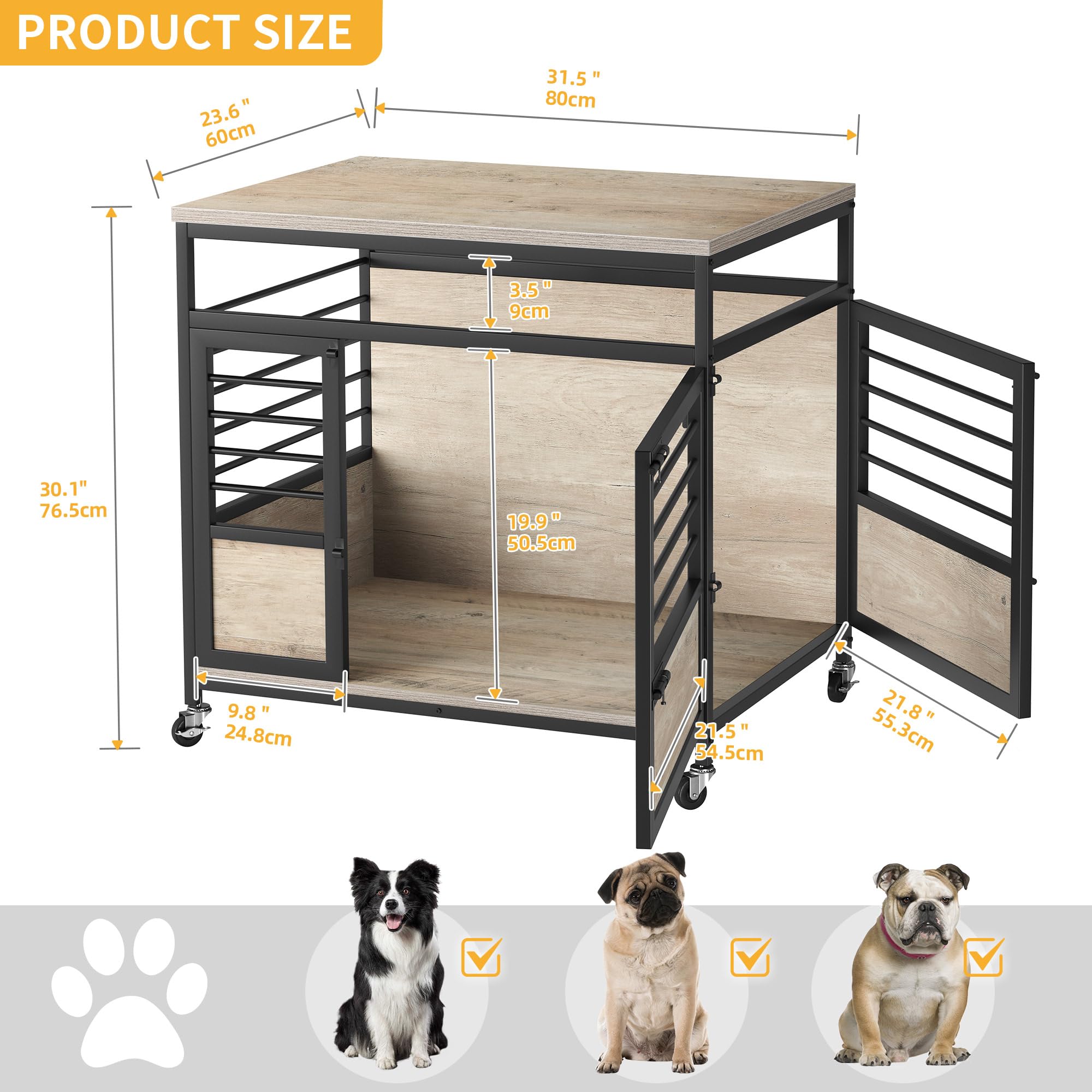 32 Inch DWVO Dog Crate Furniture - Modern Wooden Indoor Dog Kennel with Wheels, Chew-Resistant End Table in Greige | Perfect for Living Room, Bedroom & Pet-Friendly Home Decor