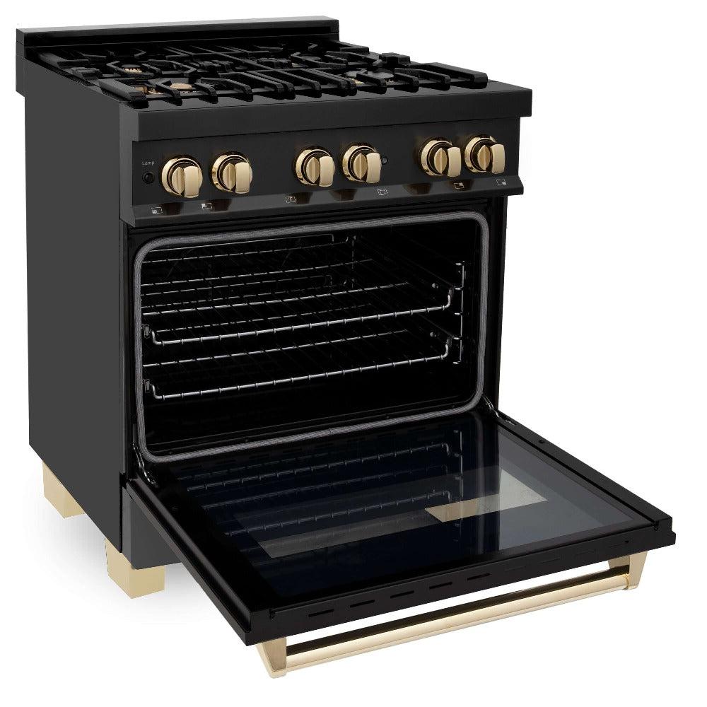 ZLINE Autograph Edition 30-inch Black Stainless Steel Dual Fuel Range with Range Hood & Dishwasher - Kitchen Package with Polished Gold Accents (3AKP RABRHDWV30 G) | Premium Cooking Set for Modern Kitchens, Restaurant-Style Experience at Home
