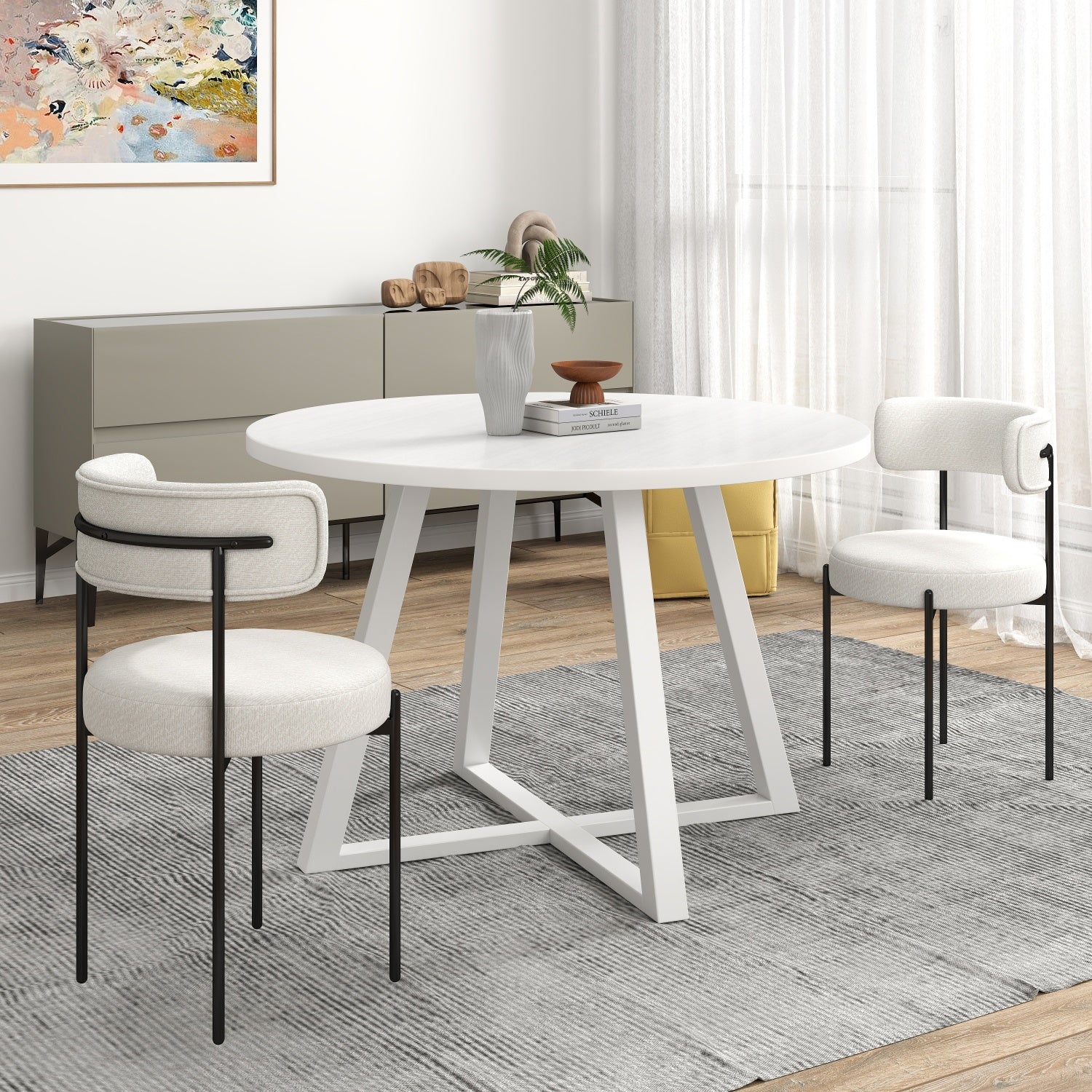 Roundhill Furniture Durban 5-Piece Round Wood Dining Table Set with 4 Boucle Chairs - Perfect for Small Spaces, Breakfast Nooks & Cozy Family Meals