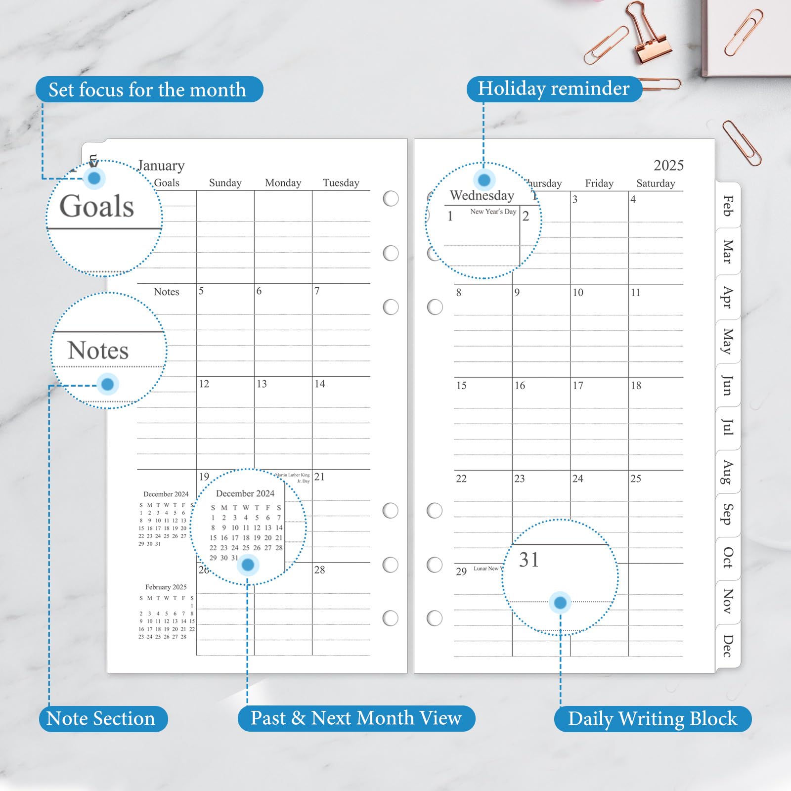 2025 Monthly Planner Refill - A6 6-Ring Binder Inserts with 12 Tabbed Calendars (3.8