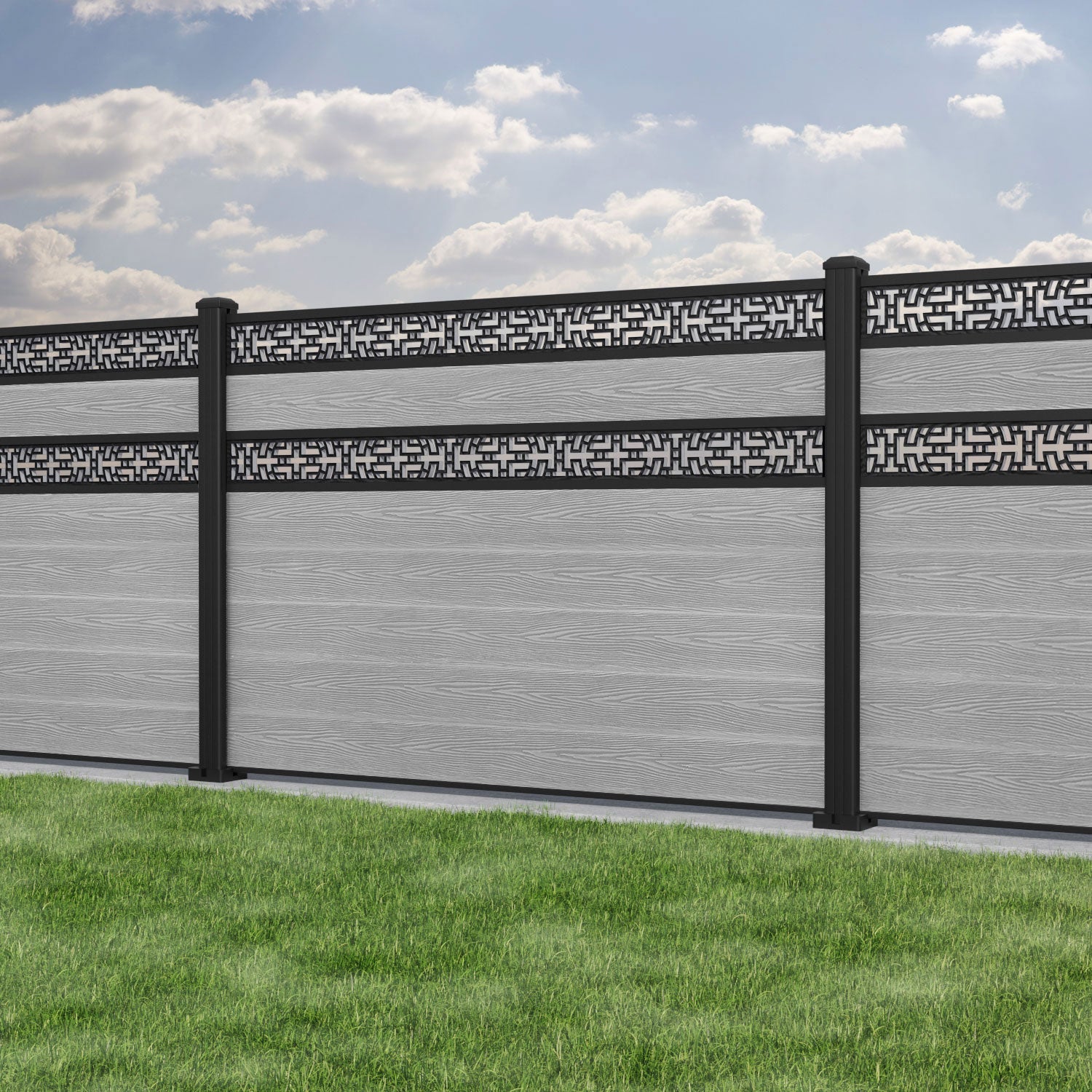 Classic Kumo Split Screen Fence Panel - Light Grey Aluminum Privacy Screen with Durable Posts for Patio, Deck, and Garden Partition | Outdoor Decorative Fencing Solution