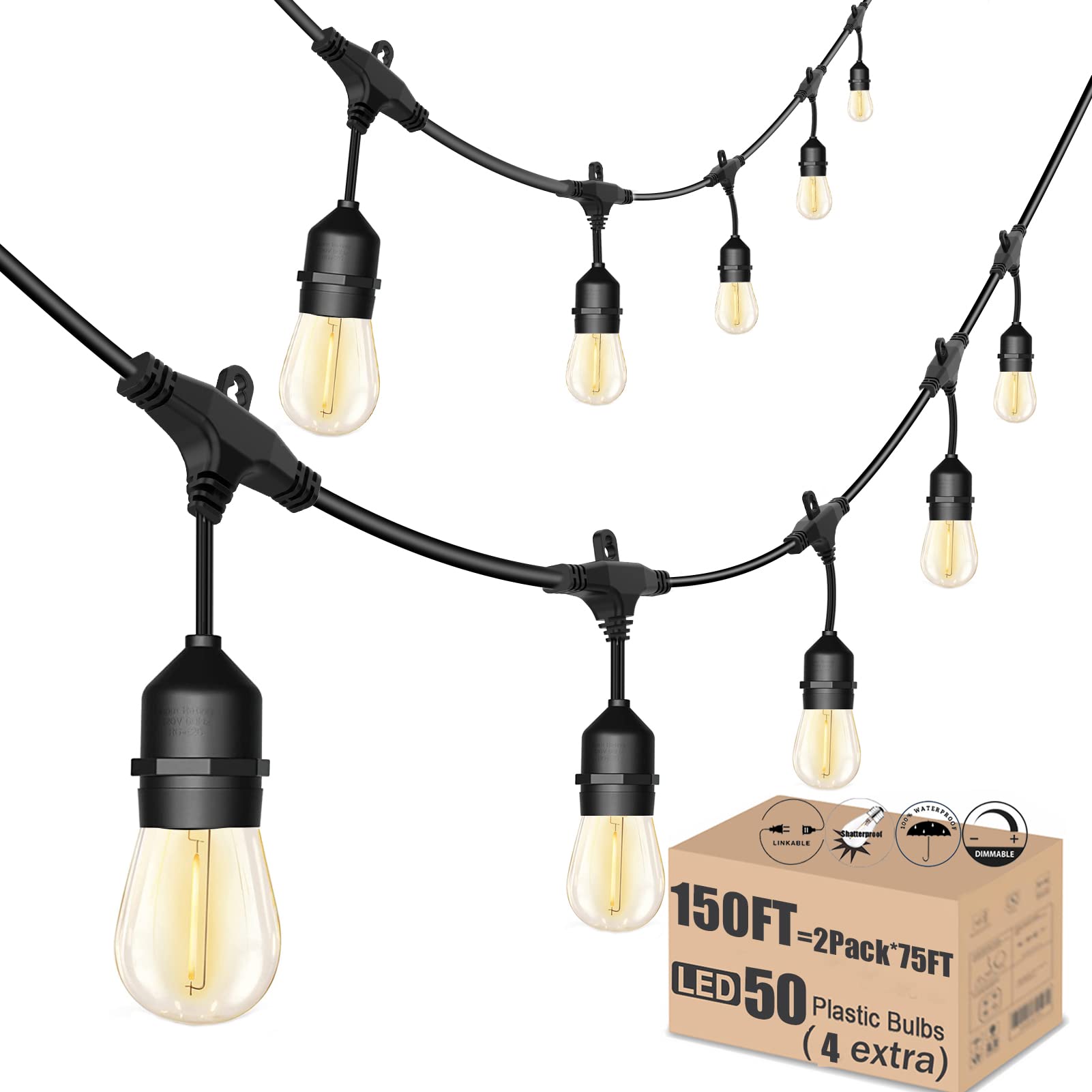 150 FT Outdoor LED String Lights - Shatterproof & Waterproof Patio Lights with 50 Bulbs (2-Pack) for Backyard, Bistro, Gazebo, Garden & Wedding Decorations