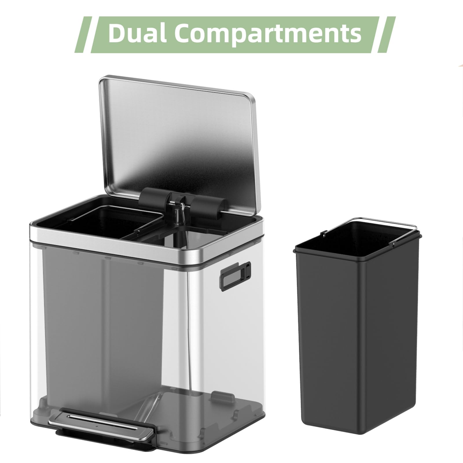 GARVEE 30L/8 Gallon Dual Compartment Stainless Steel Trash Can with Metal Lid & Foot Pedal - Rectangular Waste Basket for Kitchen, Office, Bathroom - Removable Inner Bucket for Easy Cleaning