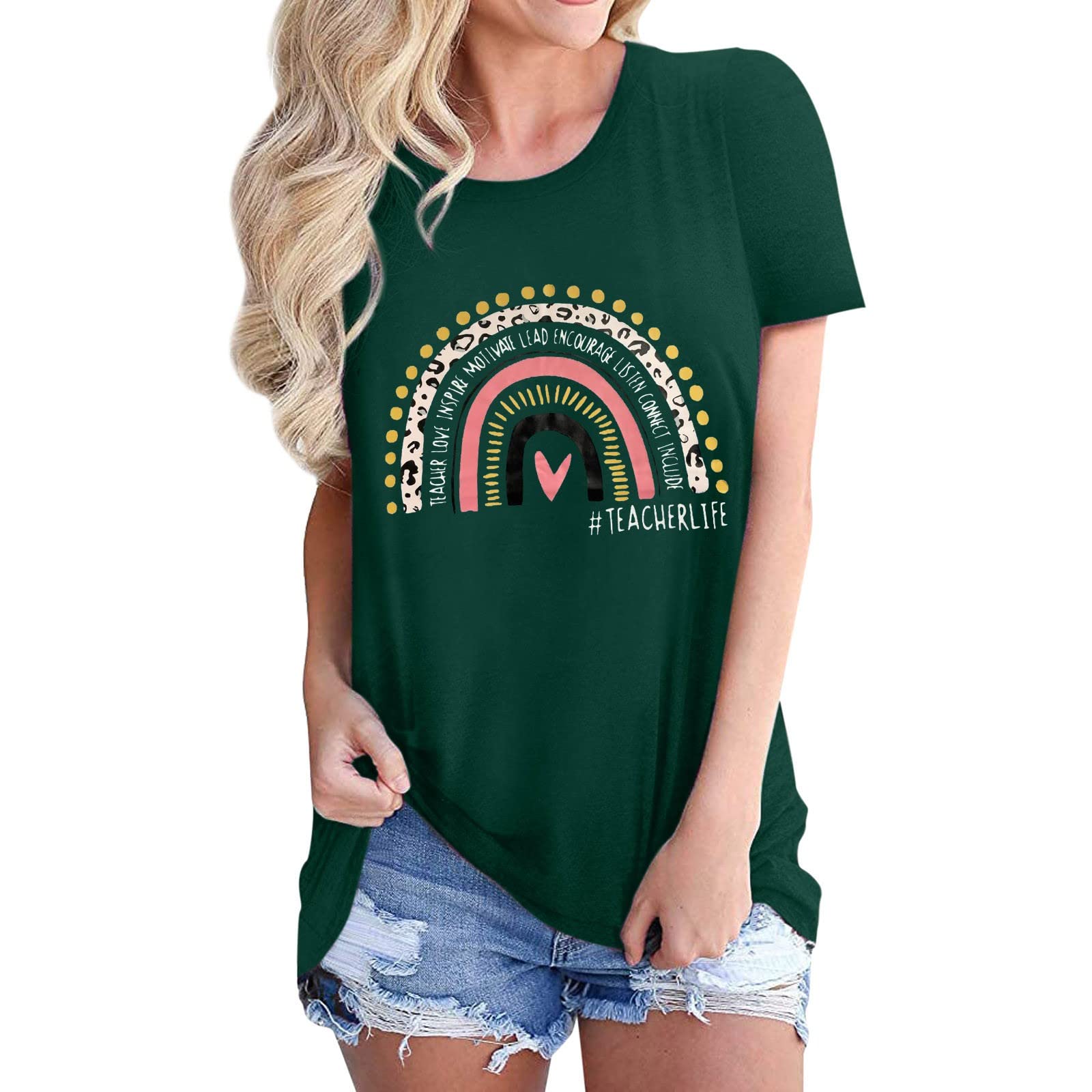 XINSHIDE Women's Summer Short Sleeve T-Shirt - Heart Graphic Print Casual Top with Contrast White Sleeves | Perfect for Teachers, Everyday Wear & Casual Outfits
