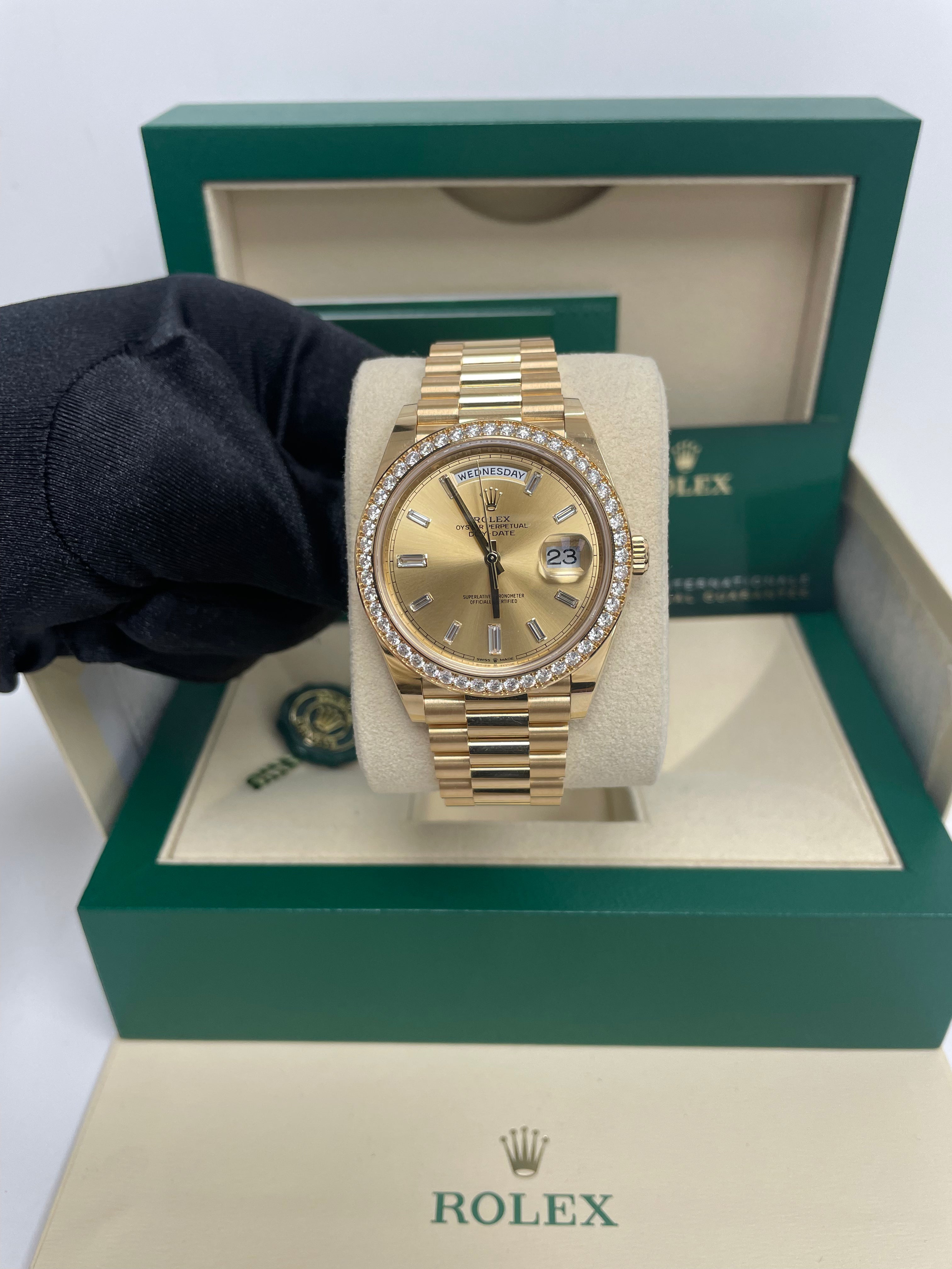Luxury Rolex Day Date 40 Watch - 18K Yellow Gold, Champagne Baguette Diamond Dial, President Bracelet (Ref# 228348RBR) | Perfect for Formal Events, Business Meetings & Luxury Gift Giving
