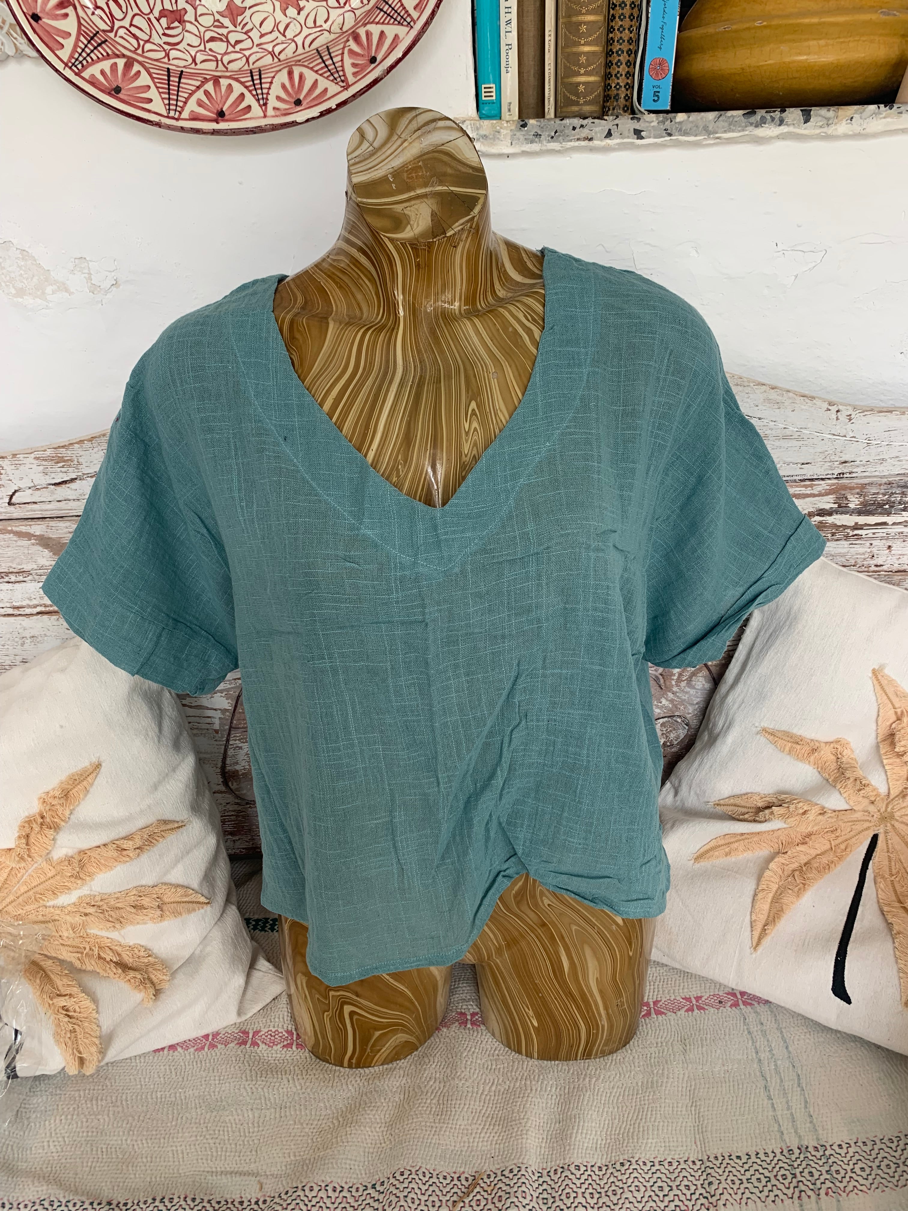 Emerald Green Linen V-Neck Blouse for Women - Breathable & Stylish Summer Top for Casual Outings & Office Wear