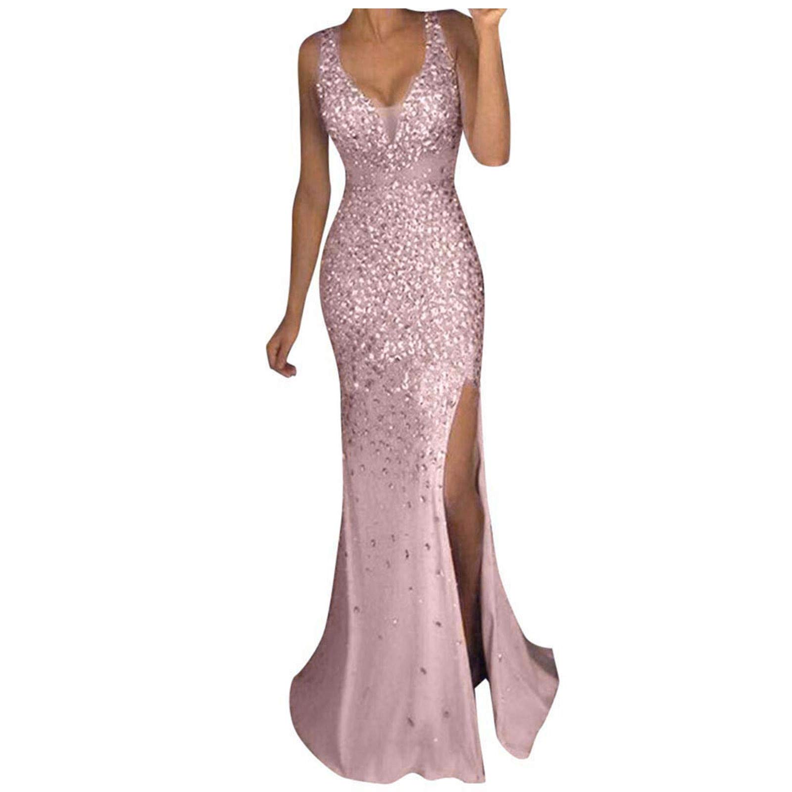 Sexy Women's Summer Cocktail Dress - V-Neck Sleeveless Long Evening Gown with Sequins & High Slit in Pink | Perfect for Parties, Weddings & Night Out